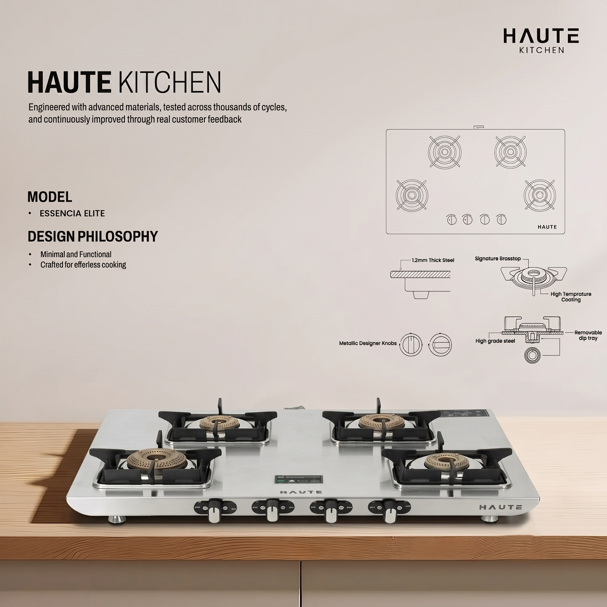 Essencia Elite Series Stainless Steel Gas Stove – 4 Burner