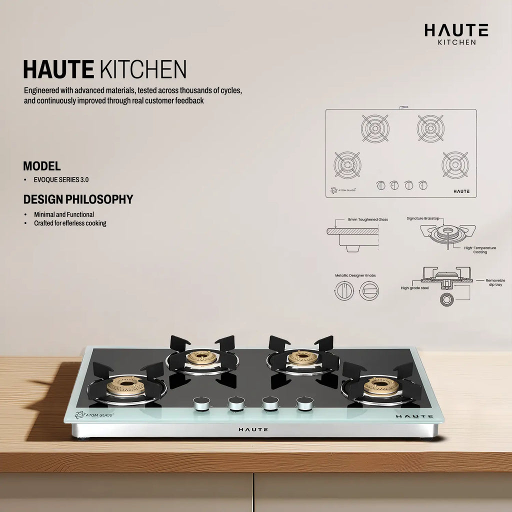 Evoque Series B&W Glass Top Gas Stove – 4 Burner