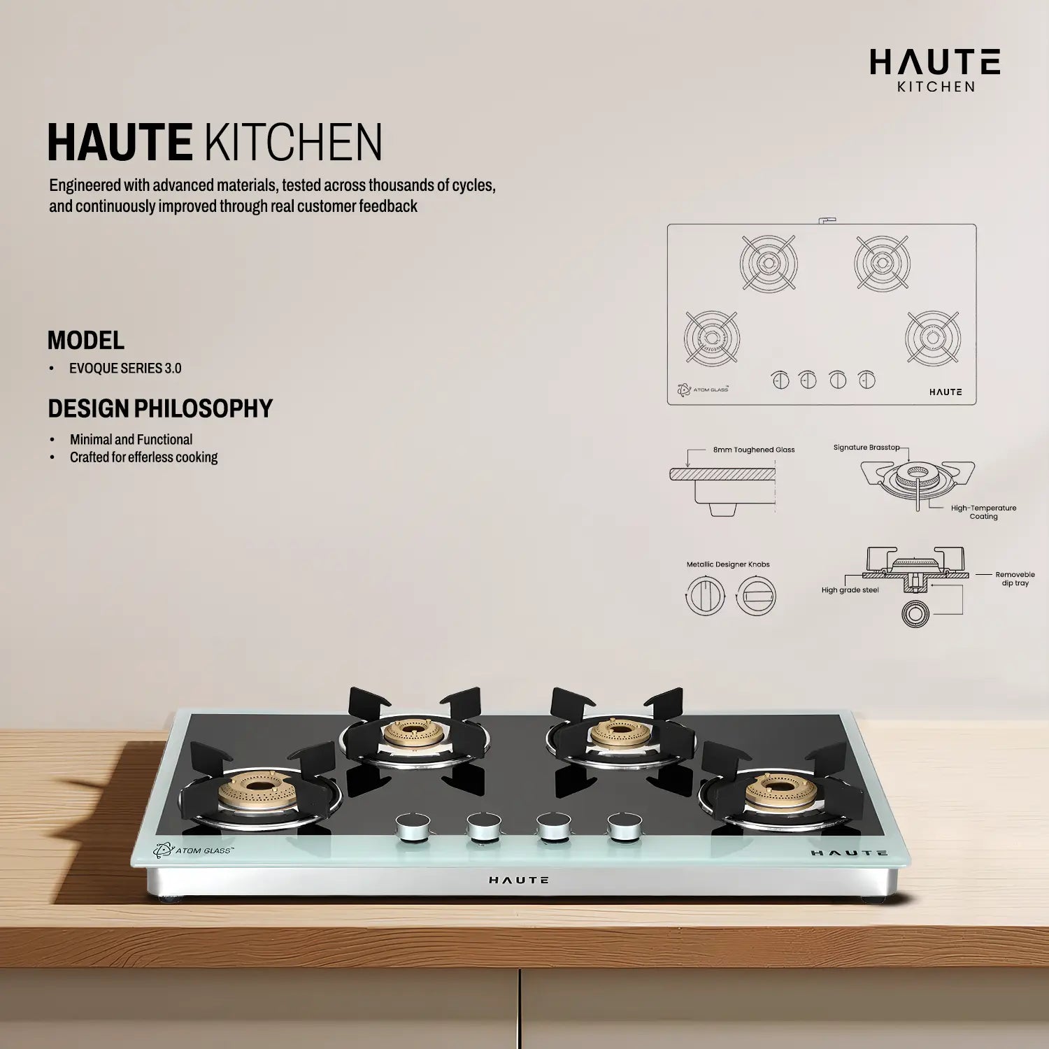 Evoque Series B&W Glass Top Gas Stove – 4 Burner