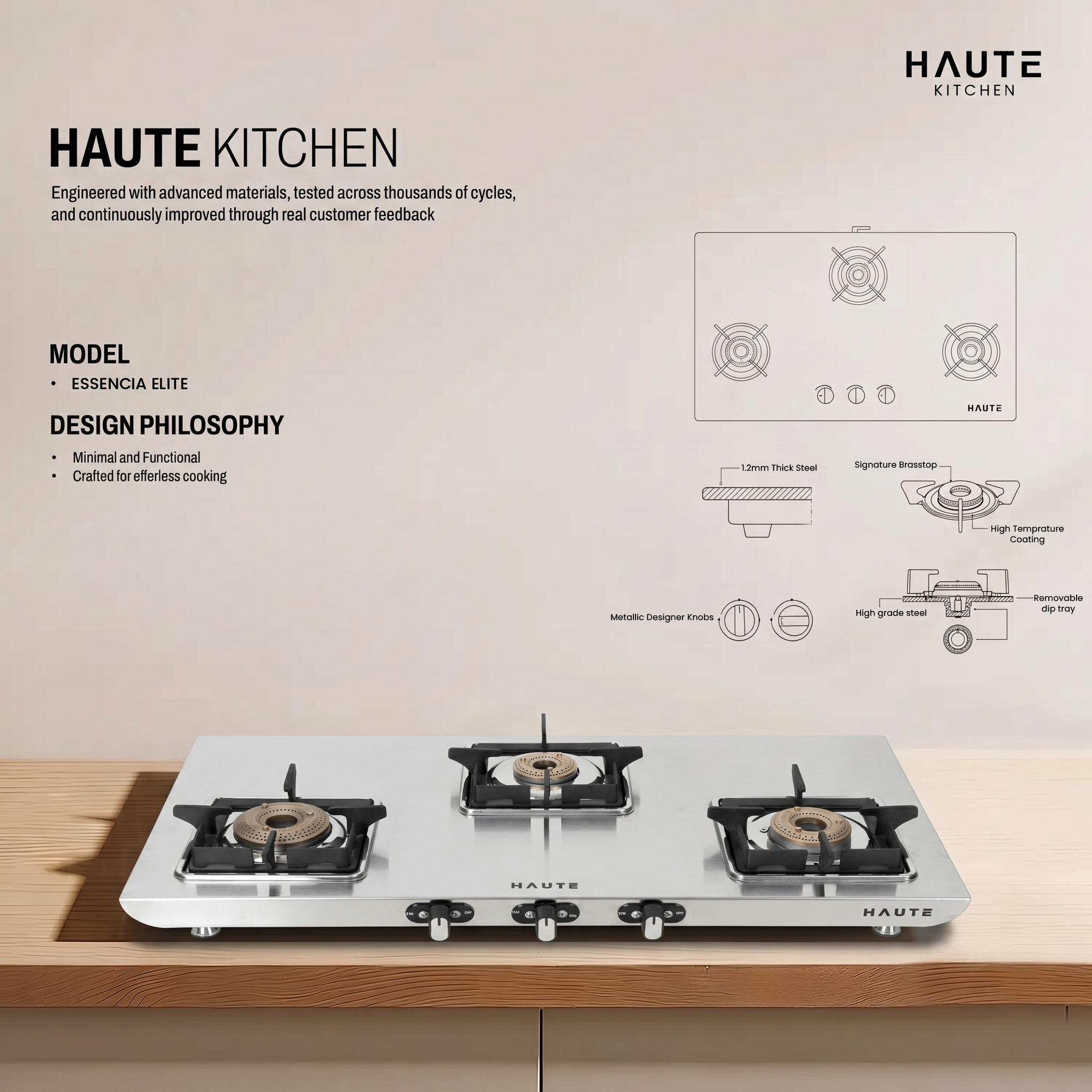 Essencia Elite Series Stainless Steel Gas Stove – 3 Burner