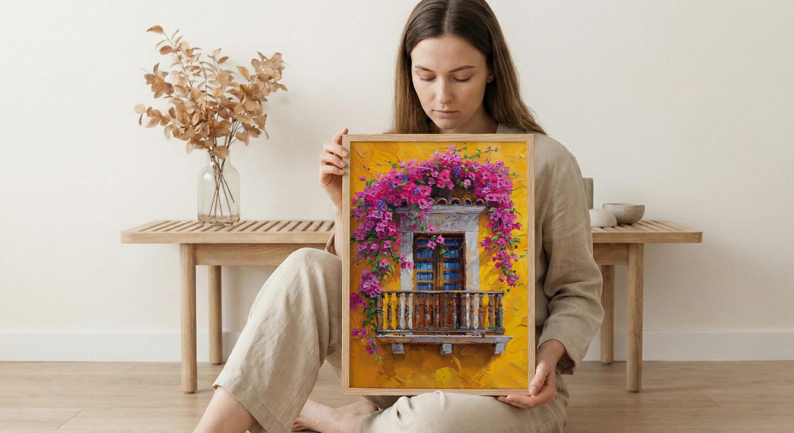 Cartagena Colombia Oil Painting Poster, Pink Bougainvillea Art Print, Yellow Wall Decor, Latin American Balcony Wall Art, Impasto Floral — view 6