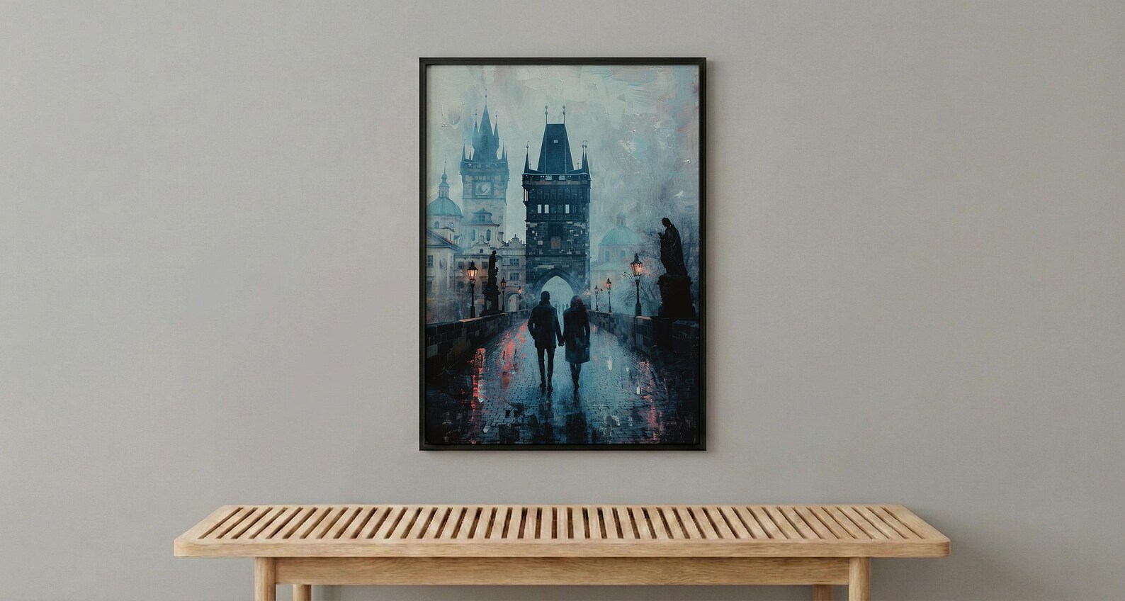 Prague Wall Art, Charles Bridge Print, Gothic Decor, Impasto Oil Painting, Foggy Morning, Moody Landscape, Dark Academia — view 4