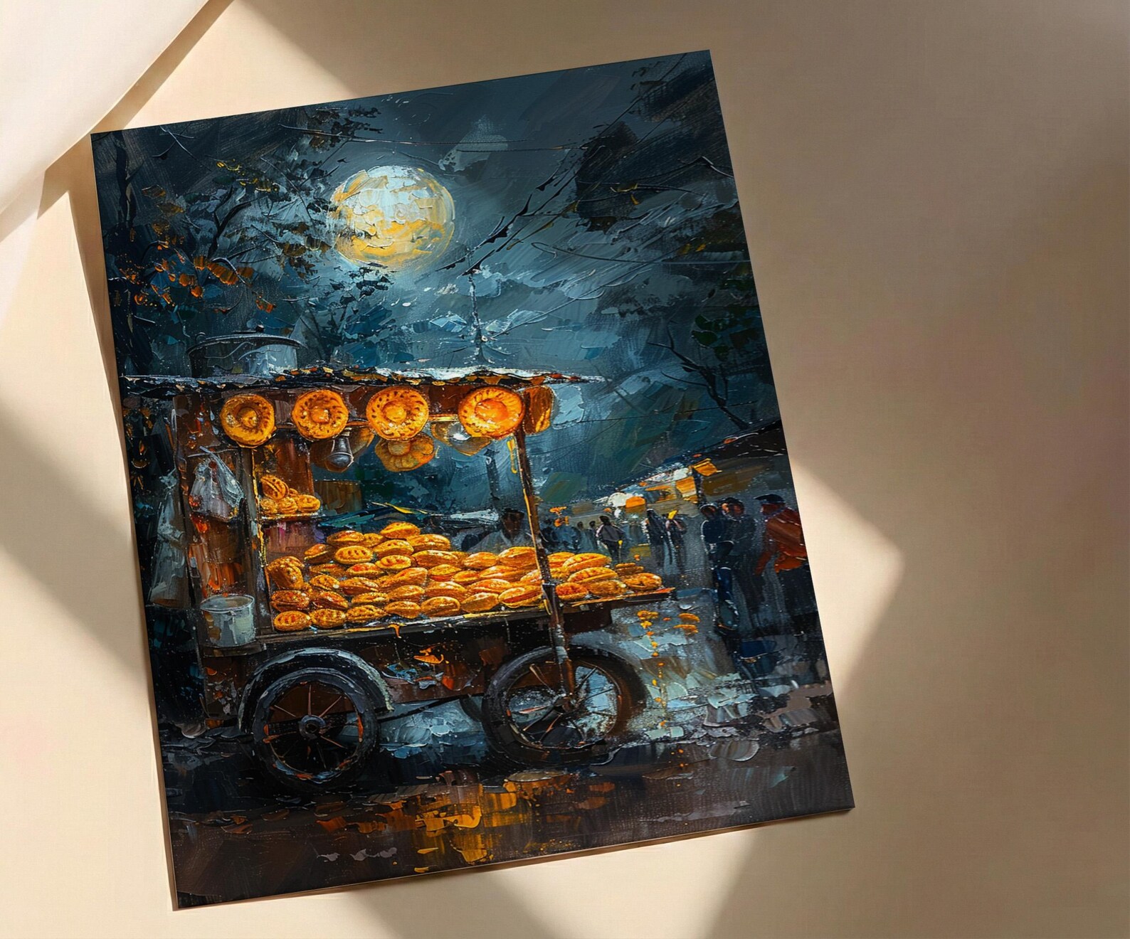 Golden Empanada Street Art Print, Latin Food Decor - Warm Evening Lantern Summer Cart — view 3