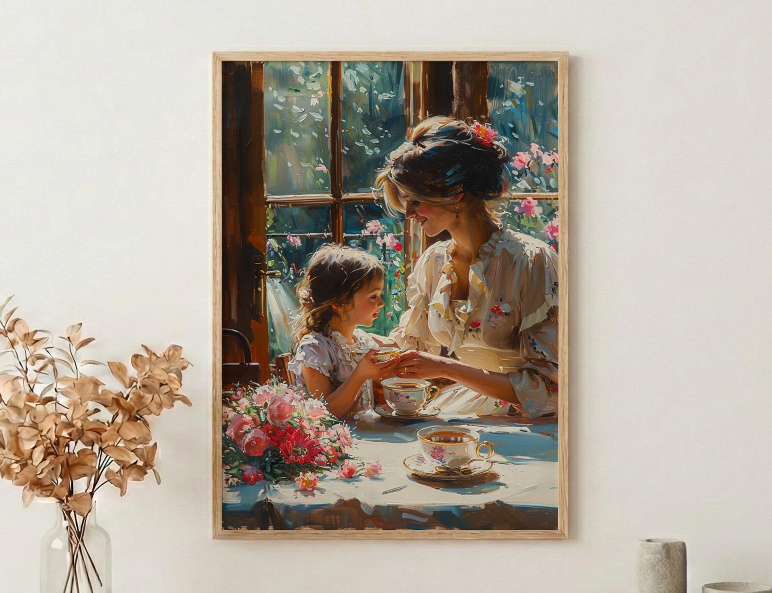 English Tearoom Wall Decor, Grandmother Art - Thick Oil Painting Style