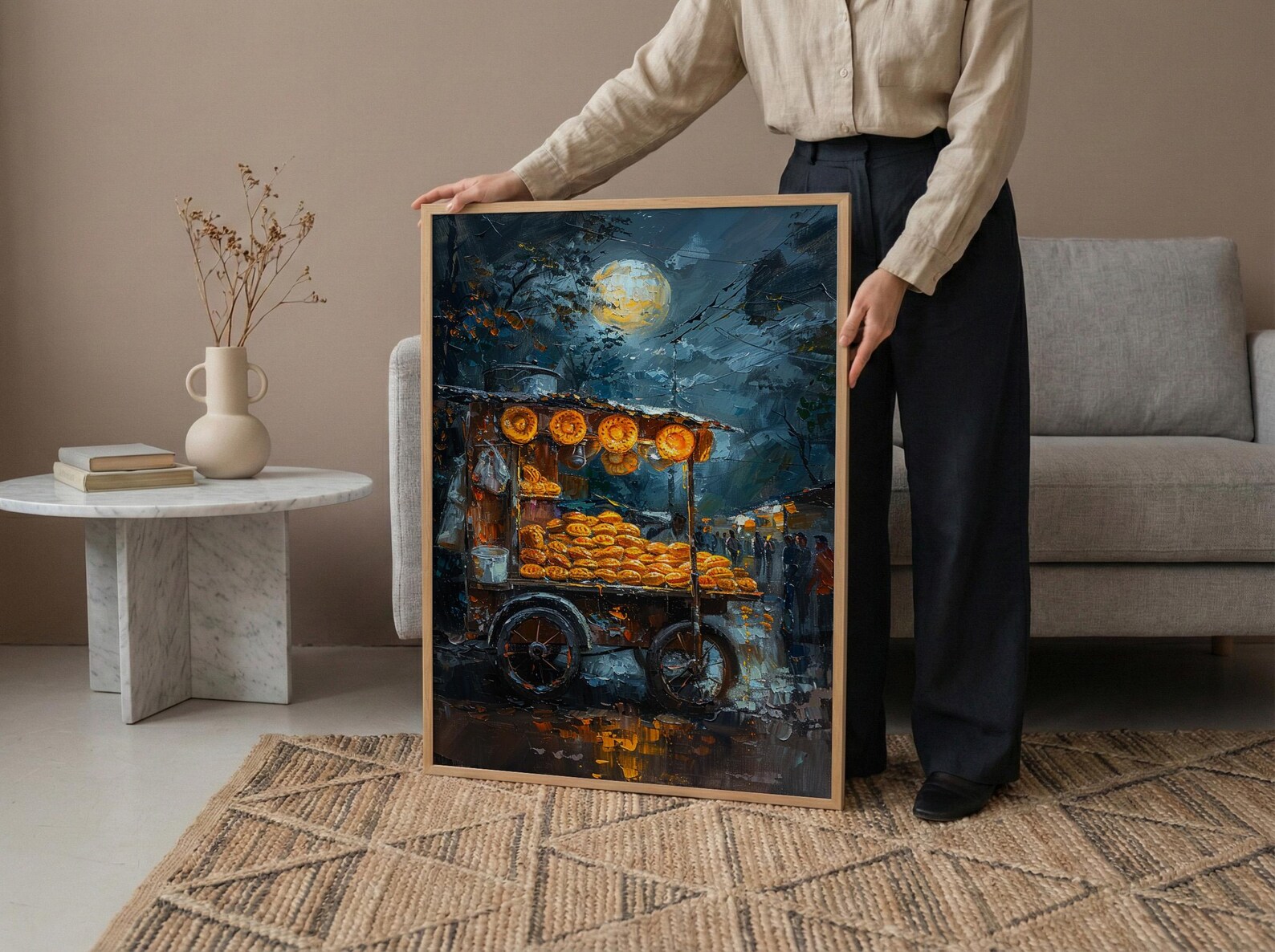 Golden Empanada Street Art Print, Latin Food Decor - Warm Evening Lantern Summer Cart — view 5