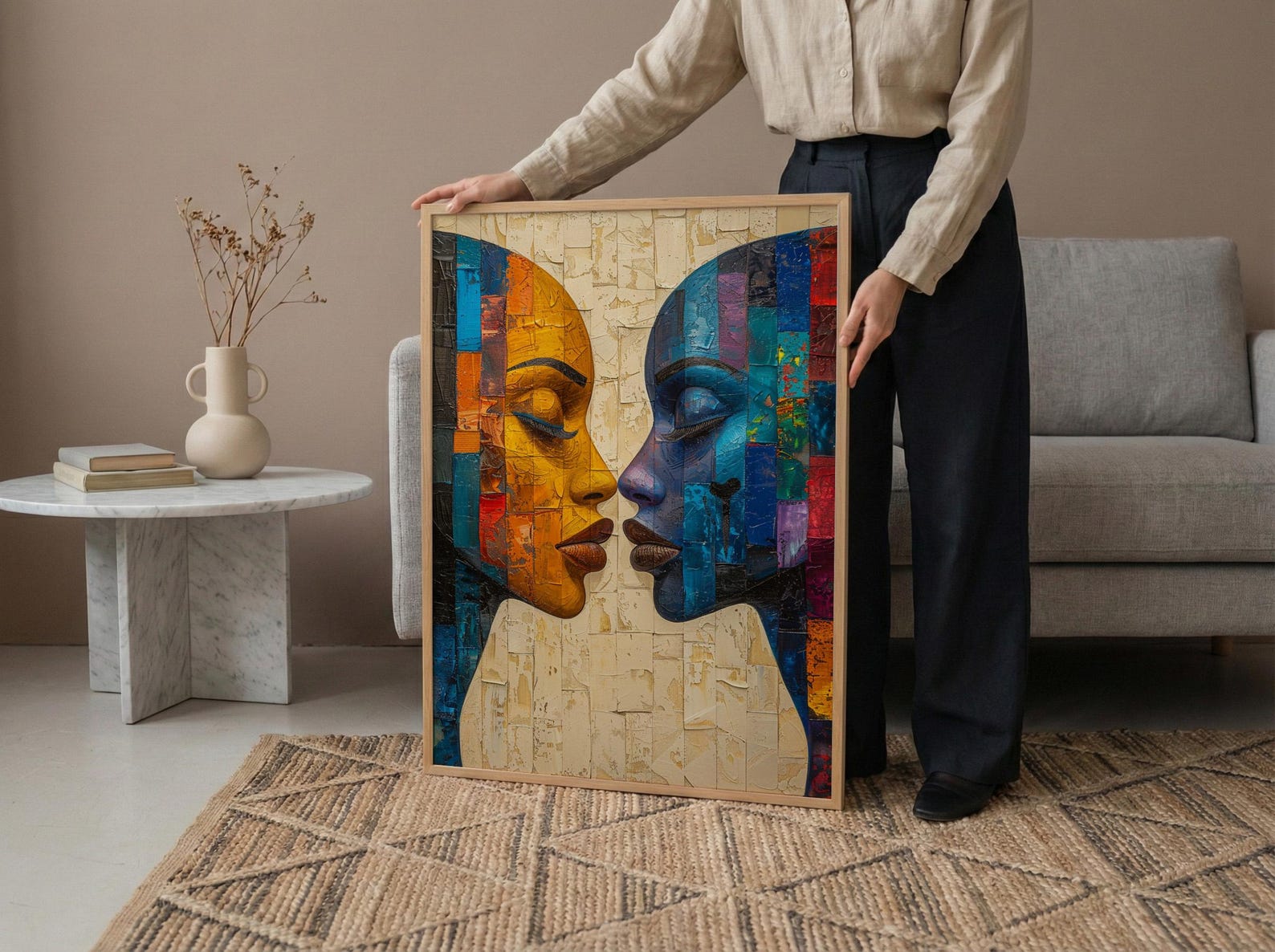 African Mask Art, Tribal Wall Decor, Geometric Pattern, Impasto Oil Painting, Heritage Print, Bold Colors, Wedding Gift — view 6