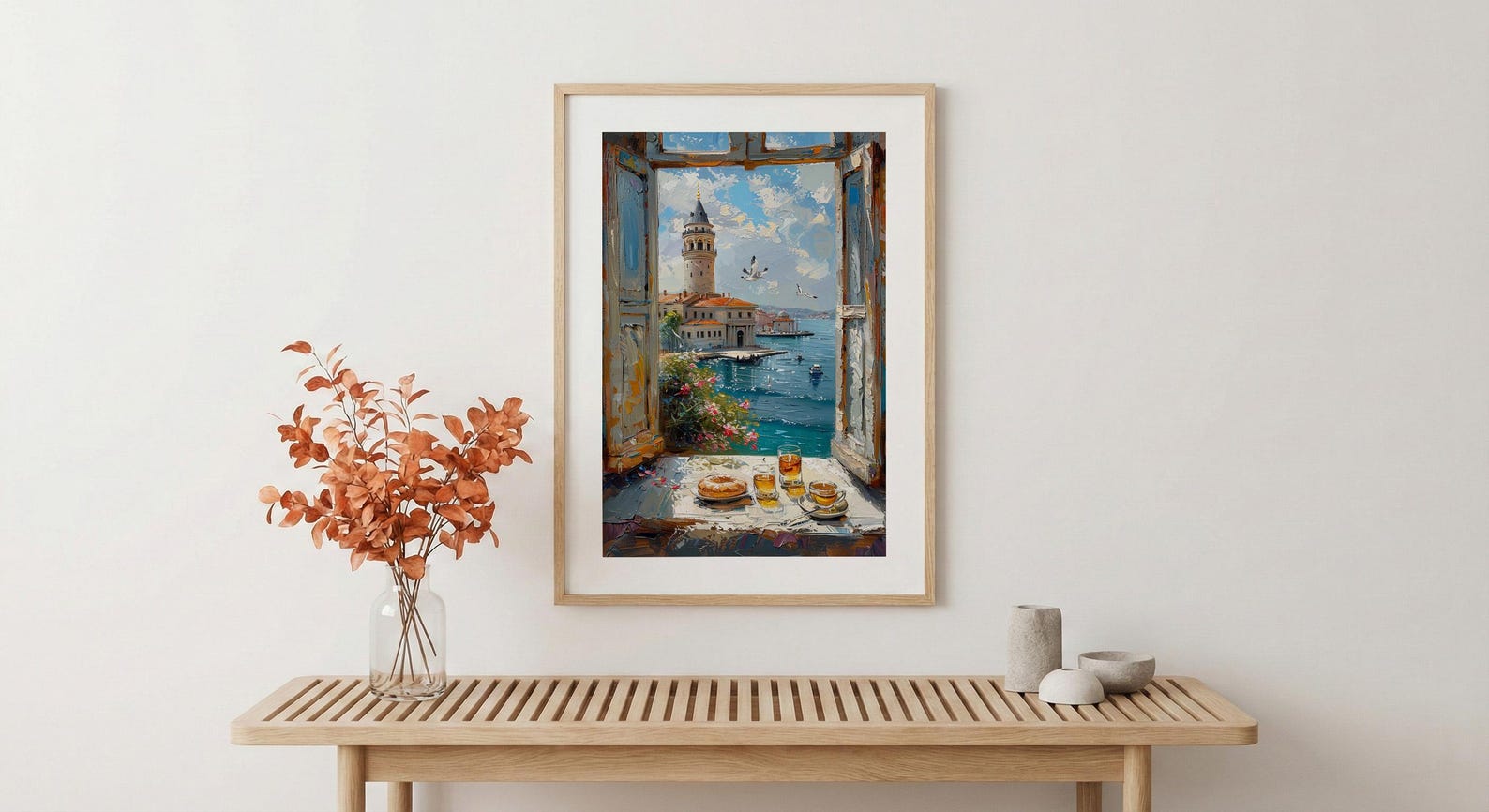 Istanbul Art Print, Maidens Tower Poster, Bosphorus Window Wall Art, Turkish Tea Simit Decor, Seaside Painting — view 6