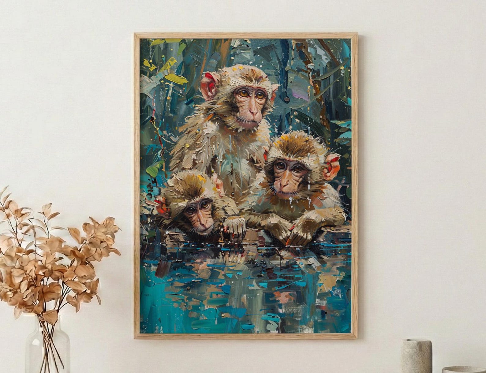 Japanese Macaque Art, Hot Spring Decor - Lush Green Forest Print