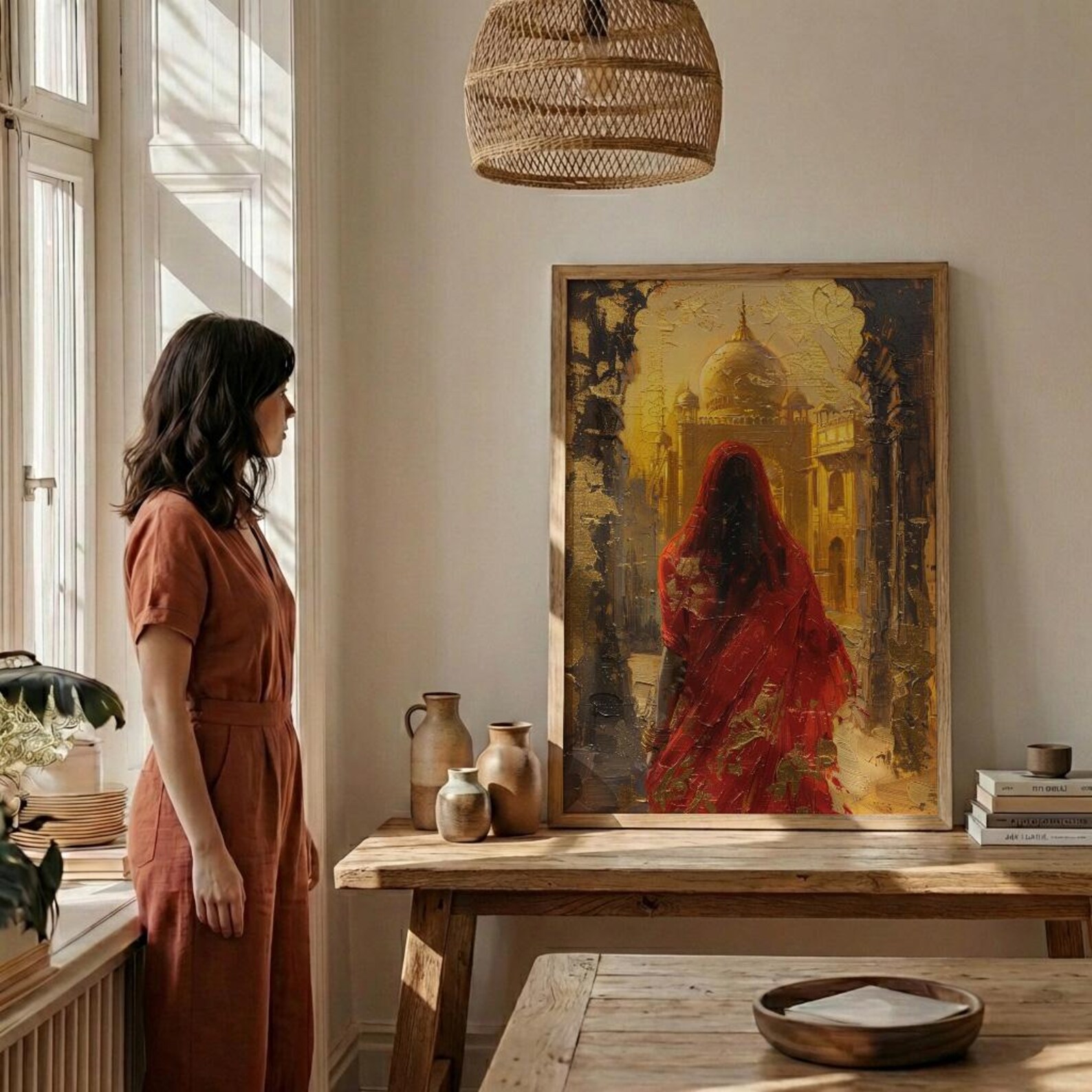 Indian Woman in Red Sari Oil Painting Poster, Golden Temple Art Print, Mystical India Wall Art, Luxury Cultural Decor, Impasto Style Print — view 3