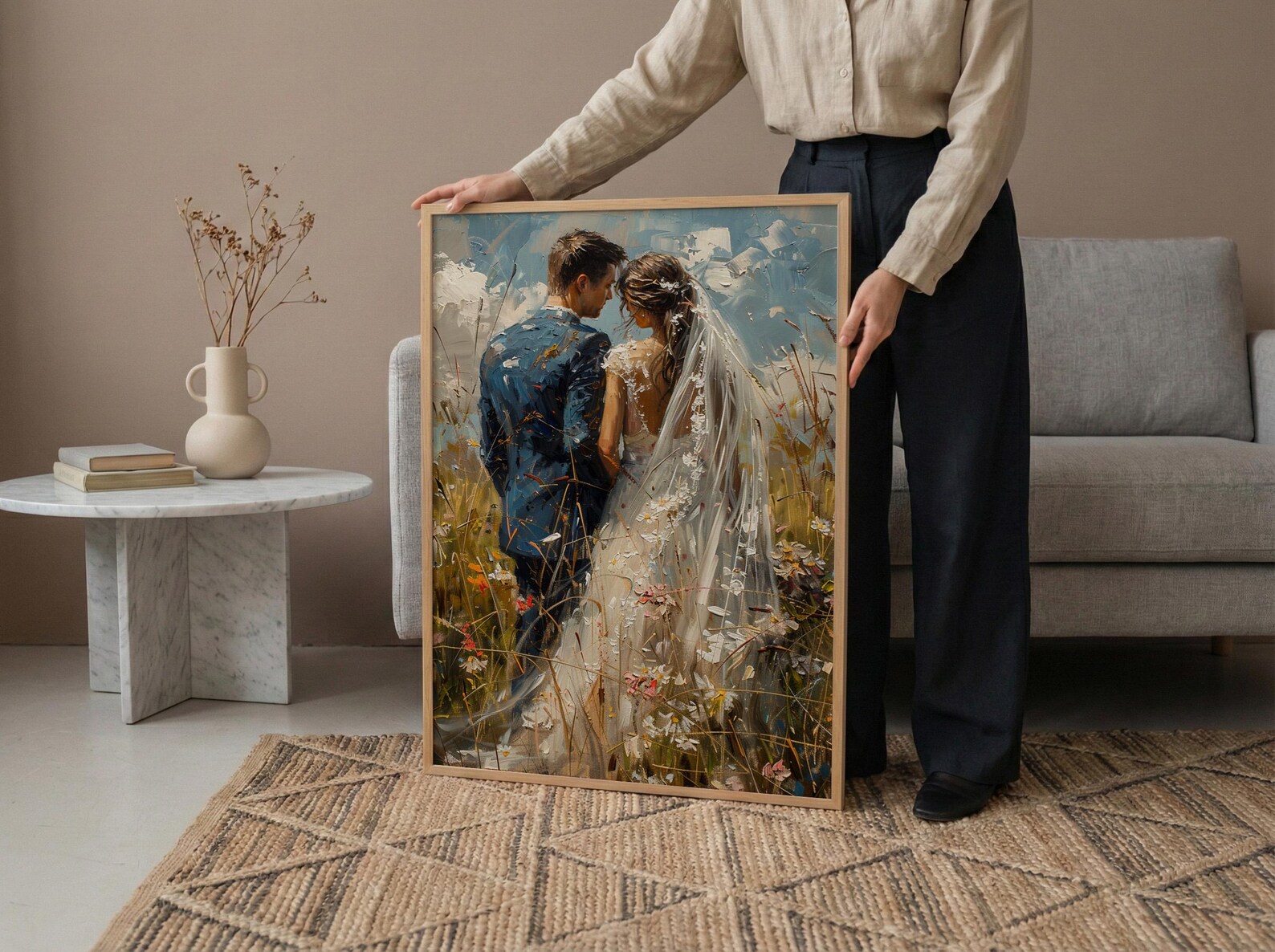 Bride and Groom Poster, Long Veil Wedding Art - Anniversary Gift — view 6