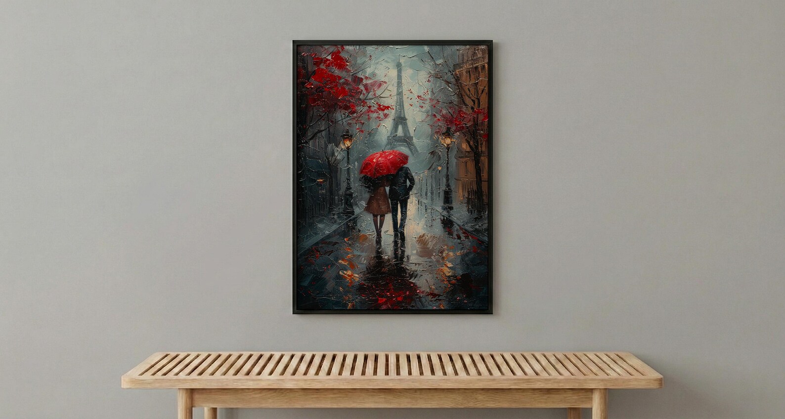 Paris Wall Art, Eiffel Tower Print, Romantic Couple Gift, Impasto Oil Painting, Rainy Paris Street, Wedding Gift, Red Umbrella — view 2