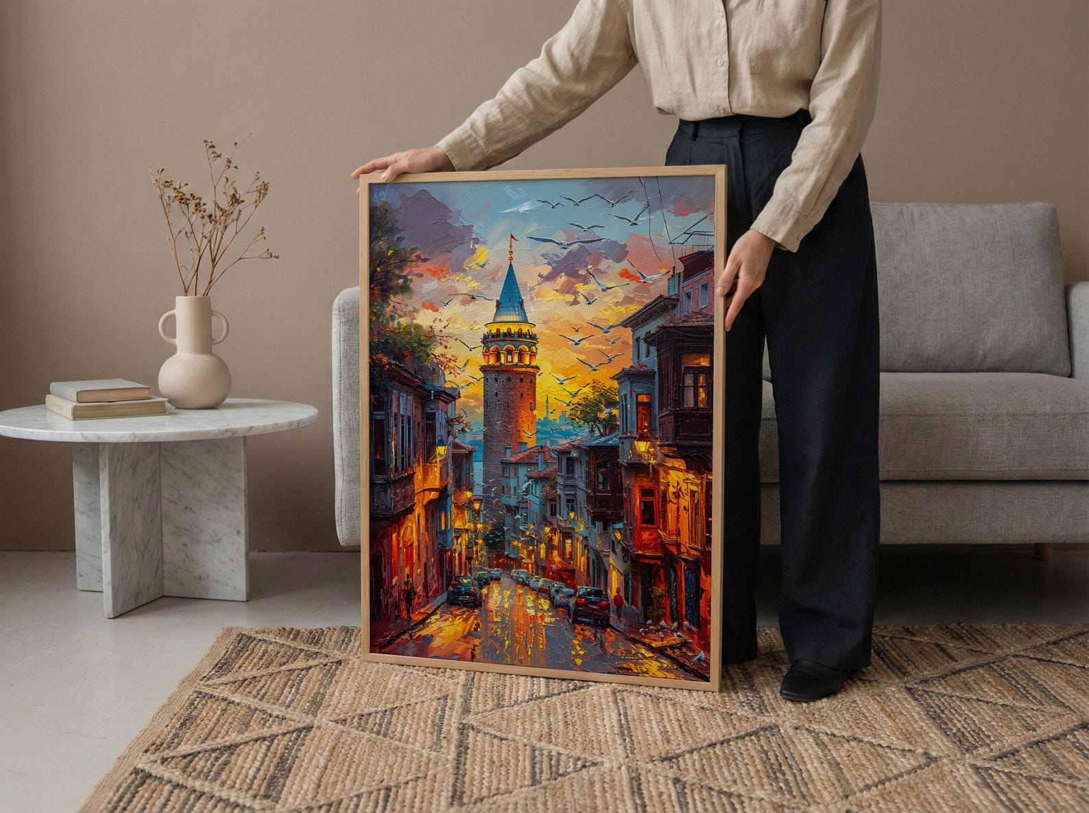 Istanbul Wall Art, Galata Tower Print, Turkey Travel Poster, Impasto Oil Painting, Golden Hour City, Wanderlust Decor, Urban — view 5