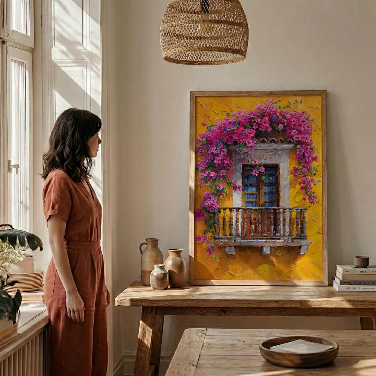 Cartagena Colombia Oil Painting Poster, Pink Bougainvillea Art Print, Yellow Wall Decor, Latin American Balcony Wall Art, Impasto Floral — view 3