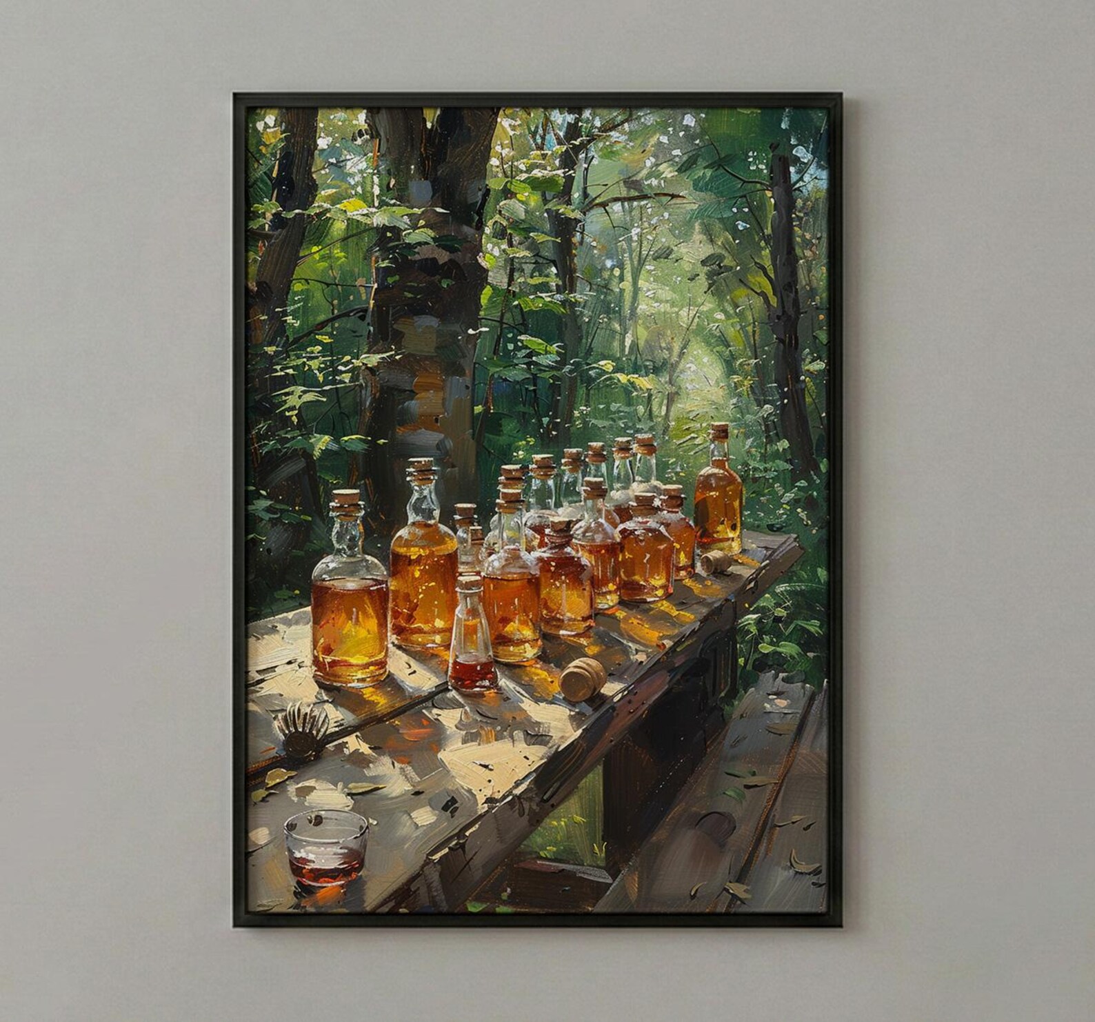 Canadian Maple Syrup Art Print, Green Forest Nature Decor - Rustic Wooden Table Summer View — view 2