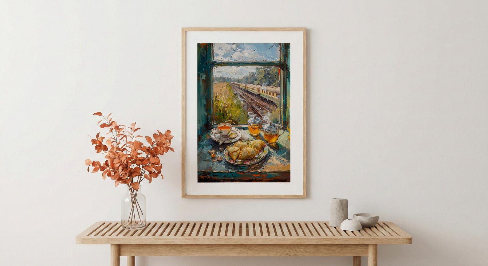 India Train Poster, Countryside Art Print, Travel Window Wall Art, Samosa Tea Painting, Cozy Asian Decor — view 4