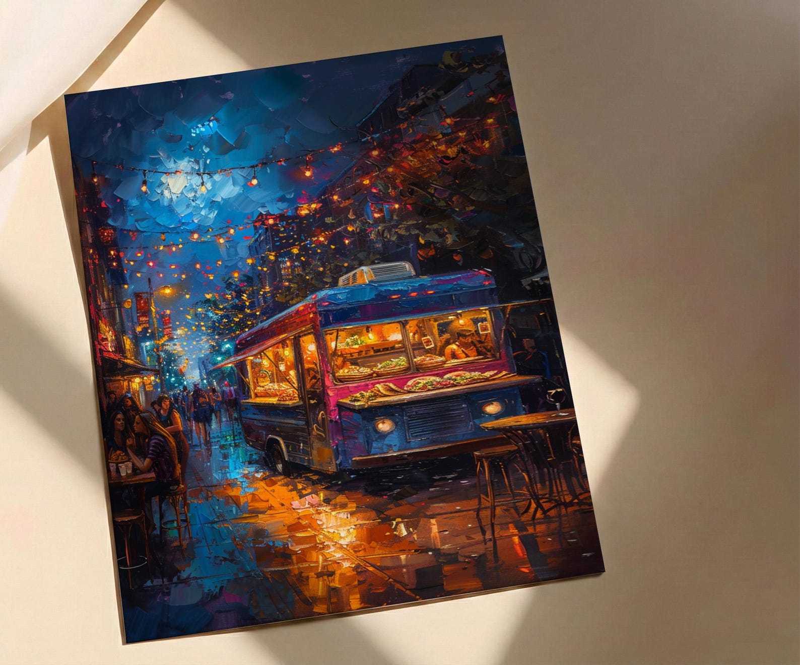 Austin Food Truck Festival Poster, Texas Night Market Decor - Glowing String Light Scene — view 2