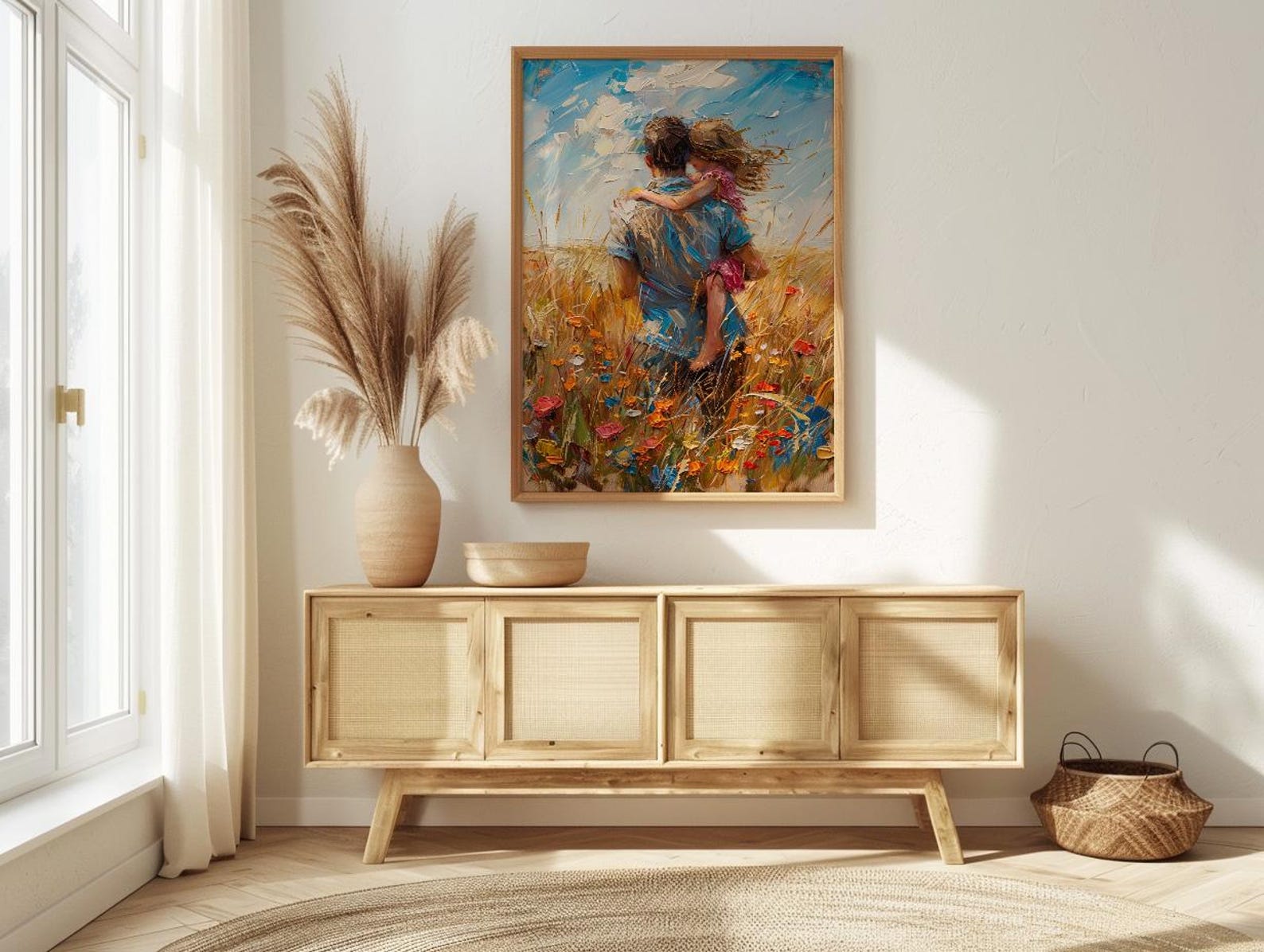 Father Piggyback Ride Art Print, Summer Field Decor - Joyful Family Poster — view 4