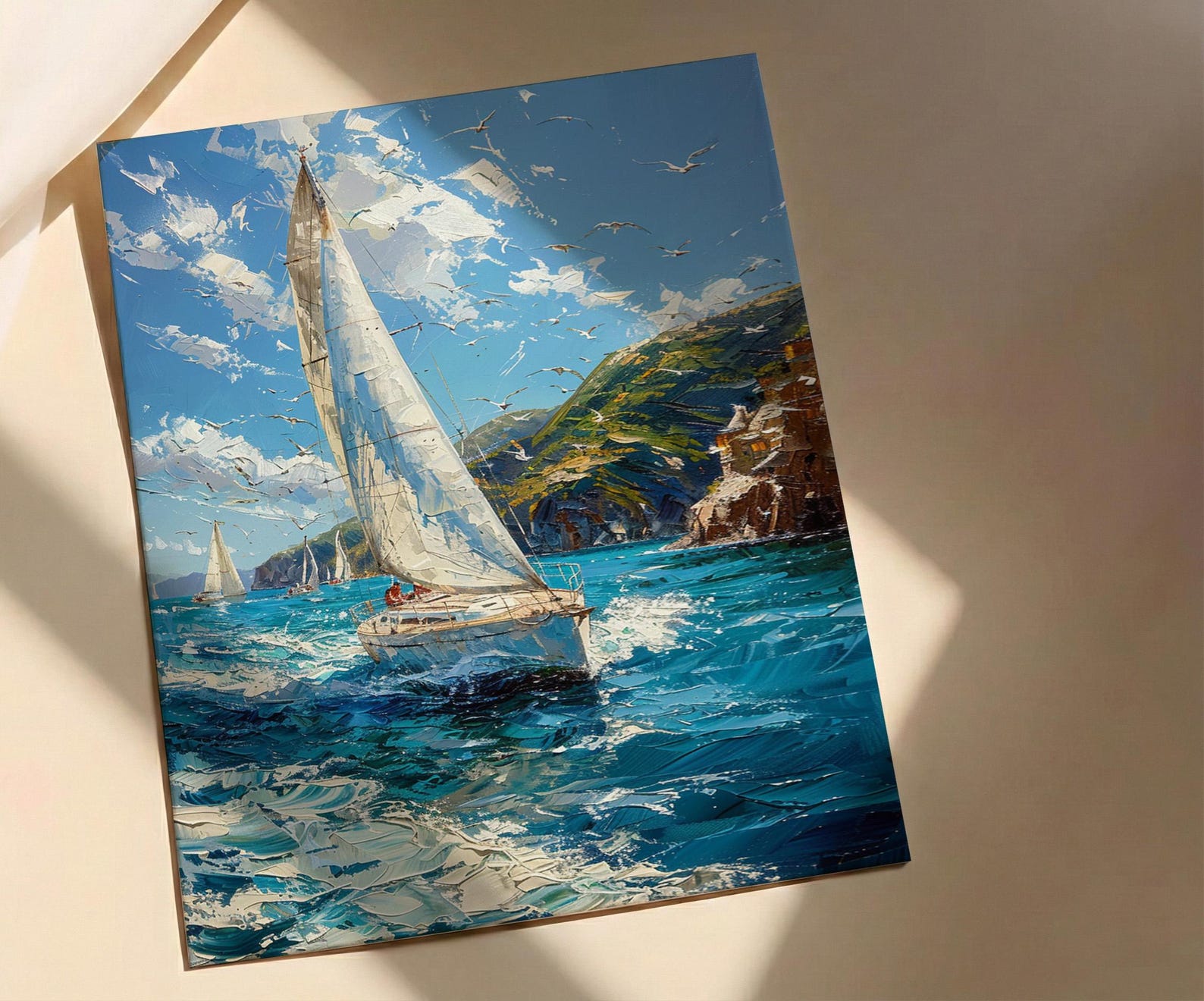 Bay Of Islands Art Print, White Sailboat Home Decor - Energetic Ocean Coast Summer Getaway — view 5
