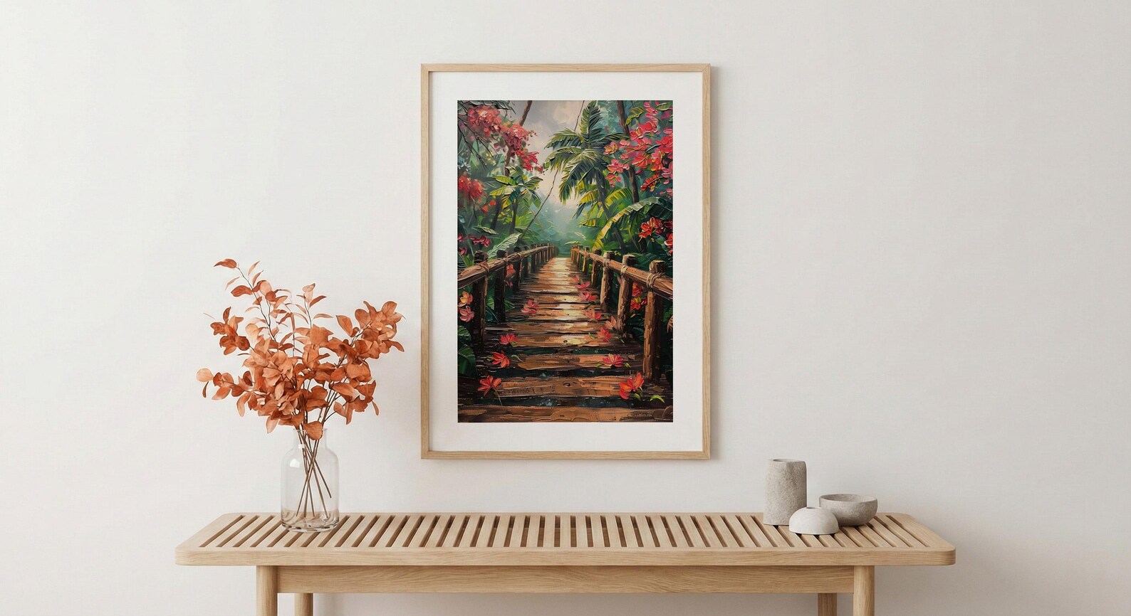 Costa Rica Jungle Poster, Red Heliconia Decor - Bridge Landscape — view 6
