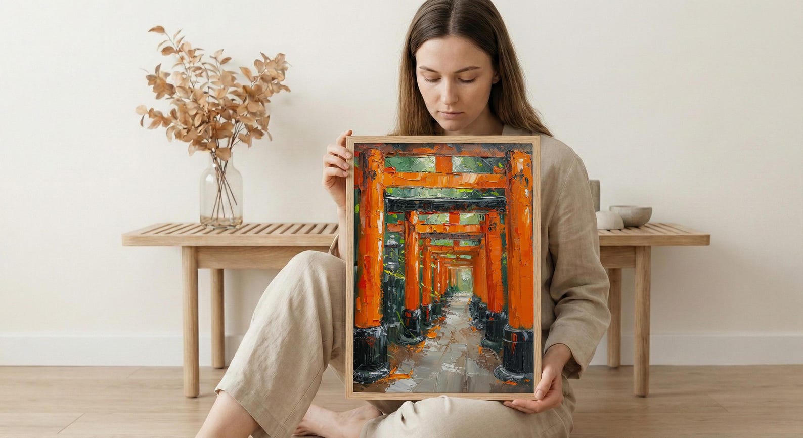 Kyoto Wall Art, Torii Gate Print, Japan Shrine Decor, Impasto Oil Painting, Red Columns, Green Maple, Spiritual — view 6
