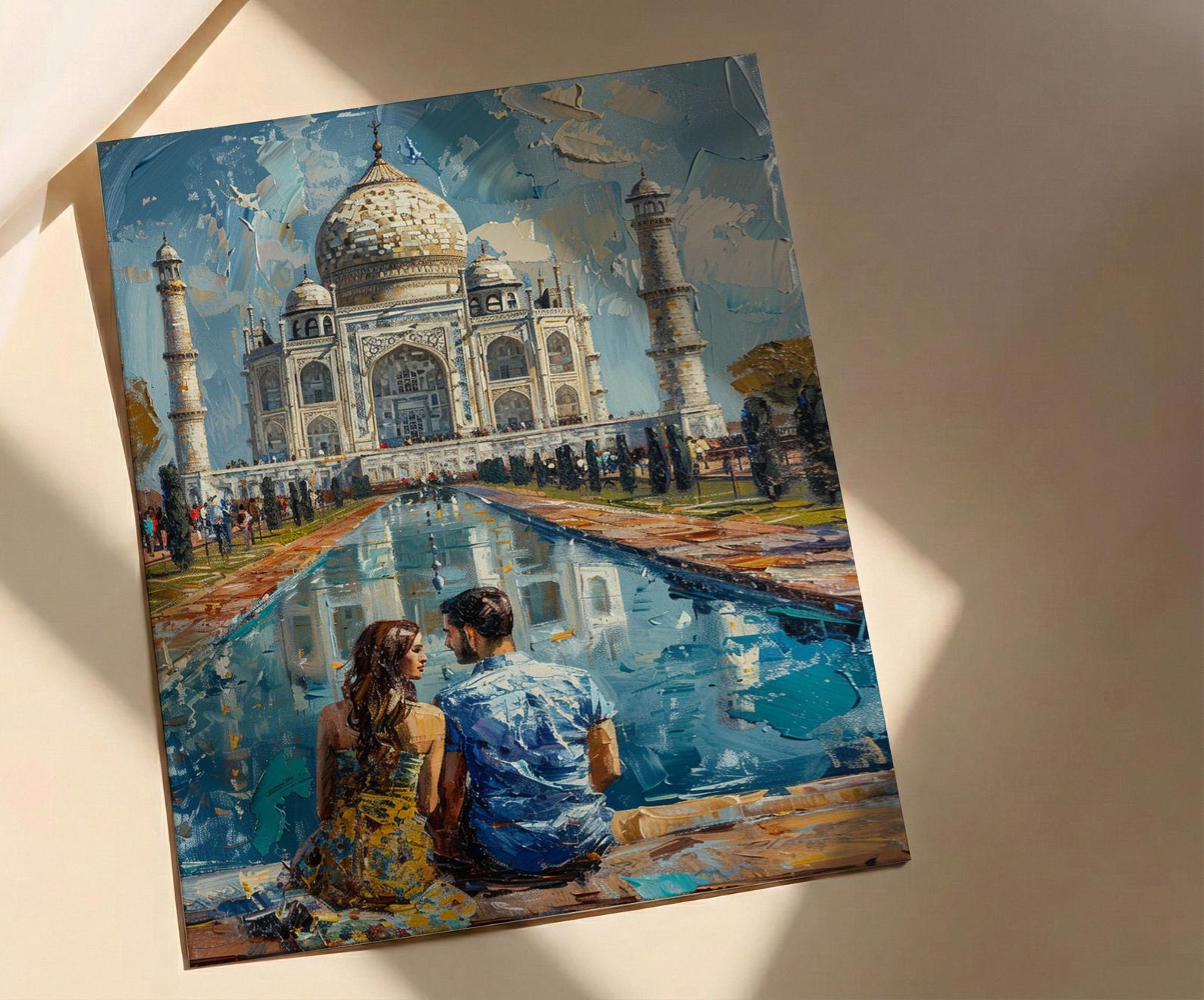 India Wall Art, Taj Mahal Art Print, Romantic Couple Poster, Agra Architecture Painting, Asian Travel Decor — view 2