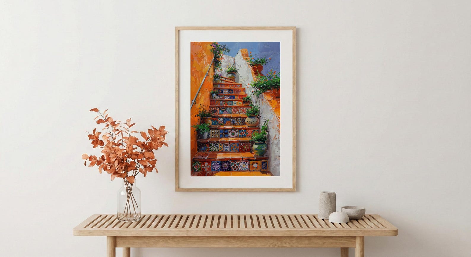 Mexican Tile Art, Orange Stairs Print, Talavera Decor, Impasto Oil Painting, Potted Plants, Vibrant Home, Summer — view 4