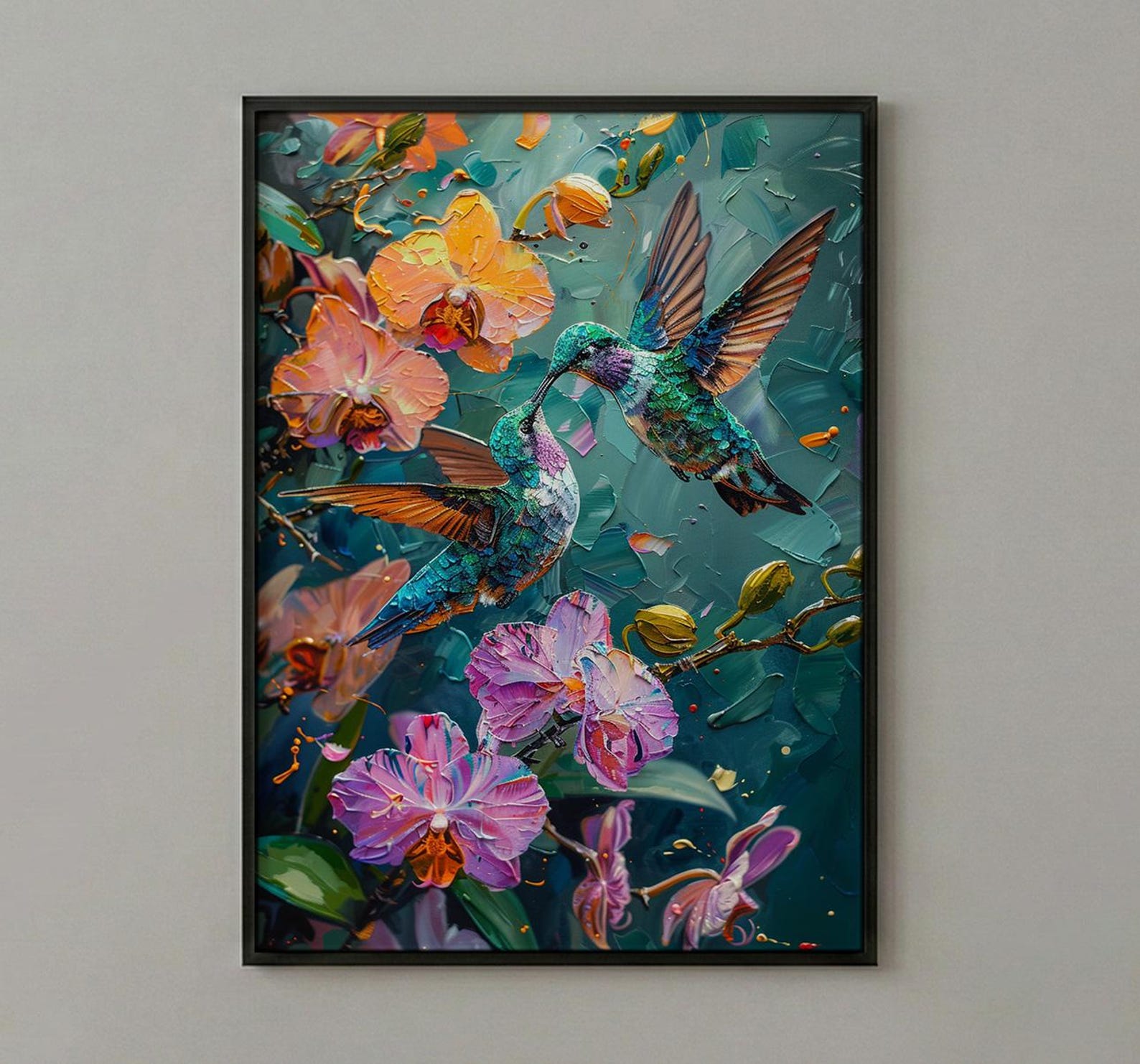 Hummingbird Art, Tropical Bird Print, Nature Romance, Impasto Oil Painting, Latin Wildlife, Colorful Decor, Bird Lover Gift