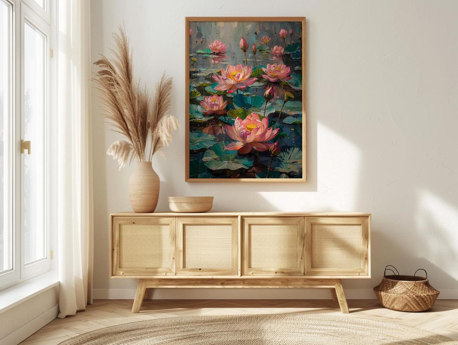 Sacred Lotus Pond Wall Art, Pink Spring Yoga Decor - Palette Knife Painting Style — view 4