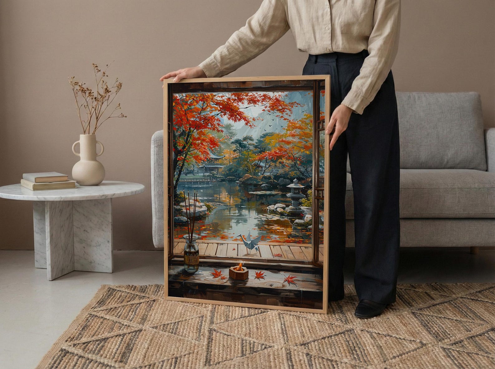 Kyoto Window Art Print, Zen Garden Decor - Autumn Red Maple Origami — view 5