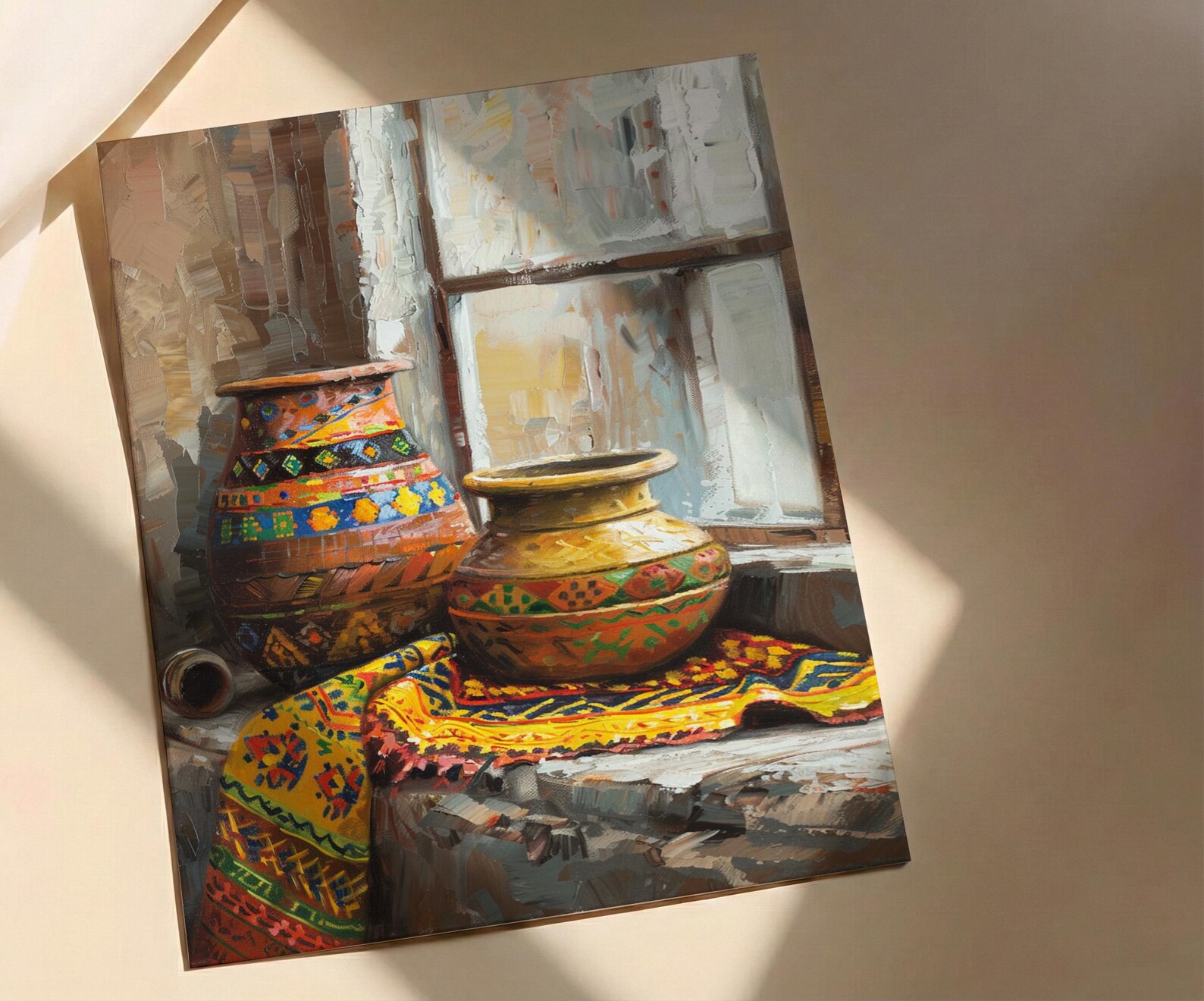 African Pottery Oil Painting Poster, Tribal Vase Art Print, Rustic Still Life Wall Art, Boho Kitchen Decor, Impasto Texture Look — view 4