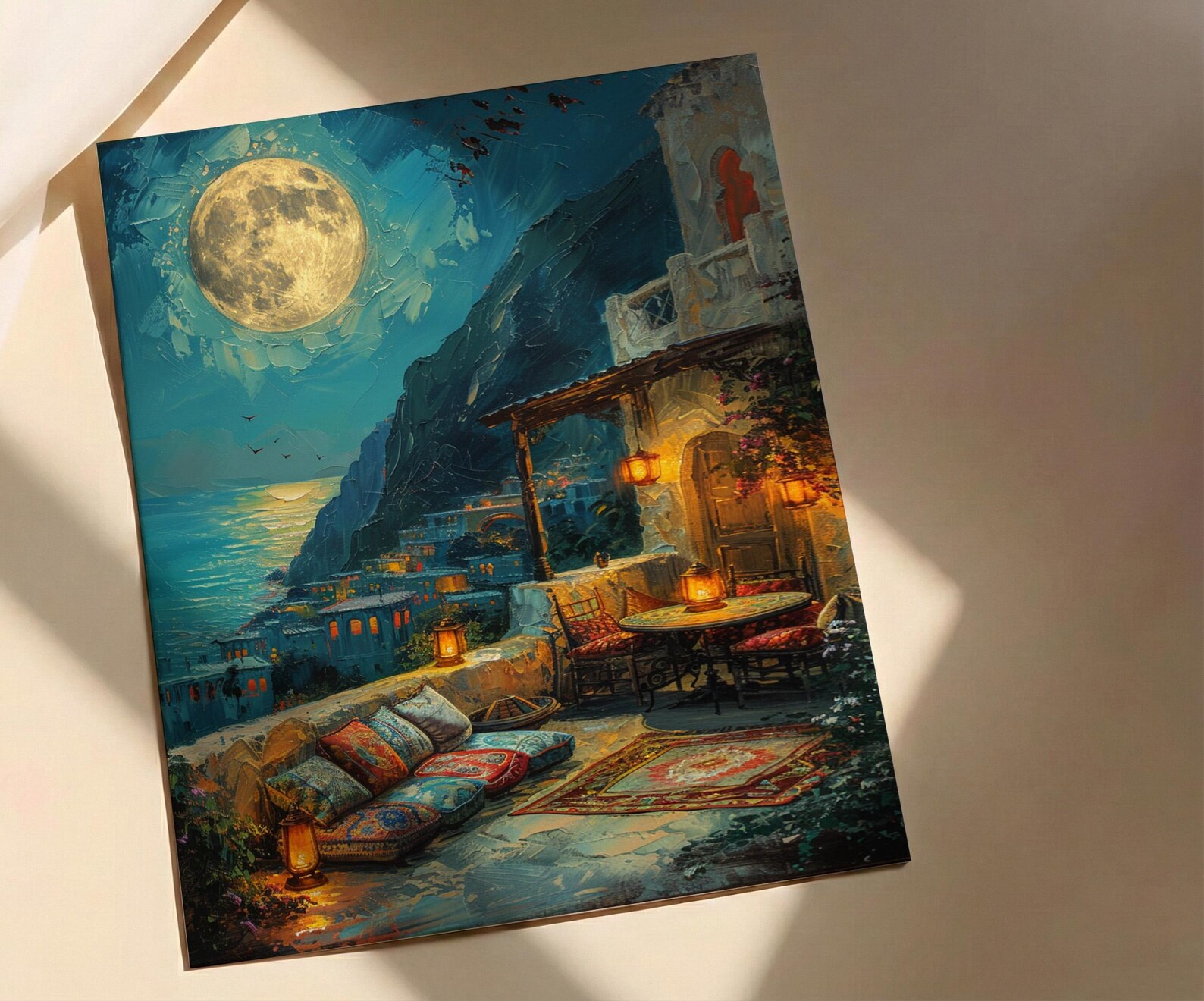 Rooftop Terrace Art, Moroccan Lanterns, Night City View, Impasto Oil Painting, Romantic Evening, Boho Decor, Travel Lover Gift — view 2