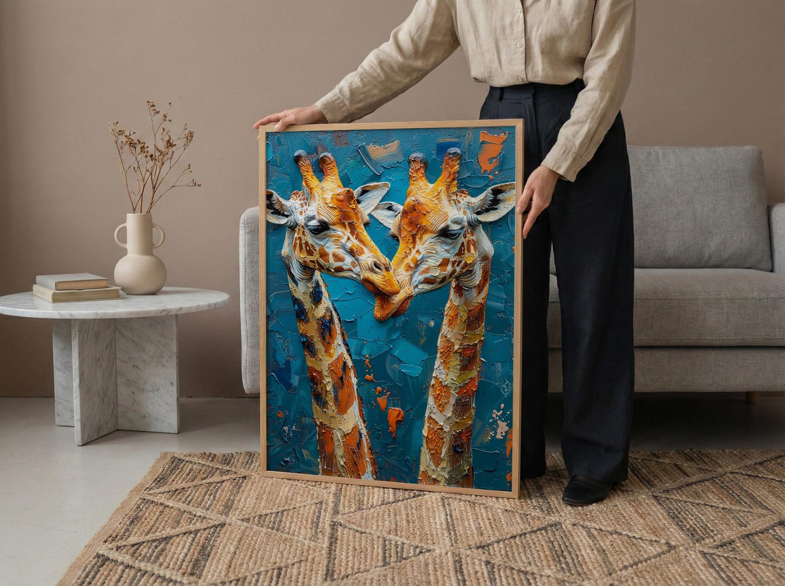 Giraffe Wall Art, Safari Nursery Decor, Cute Animal Print, Impasto Oil Painting, Blue Sky Art, New Mom Gift, Gentle Giants — view 6