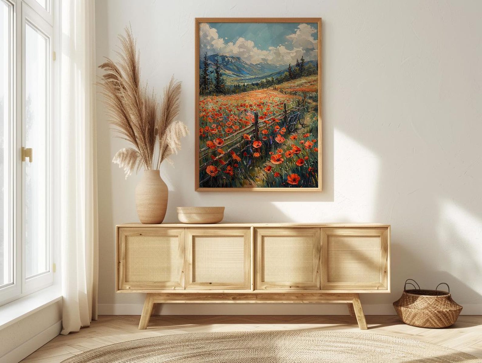 Iraqi Mountain Art Print, Red Poppy Decor - Green Hills Landscape — view 3