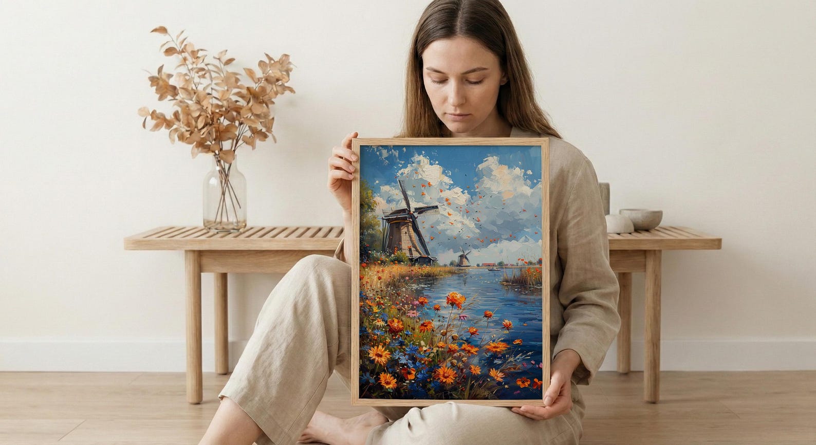 Dutch Windmill Art, Netherlands Decor - Historic Canal Print — view 6