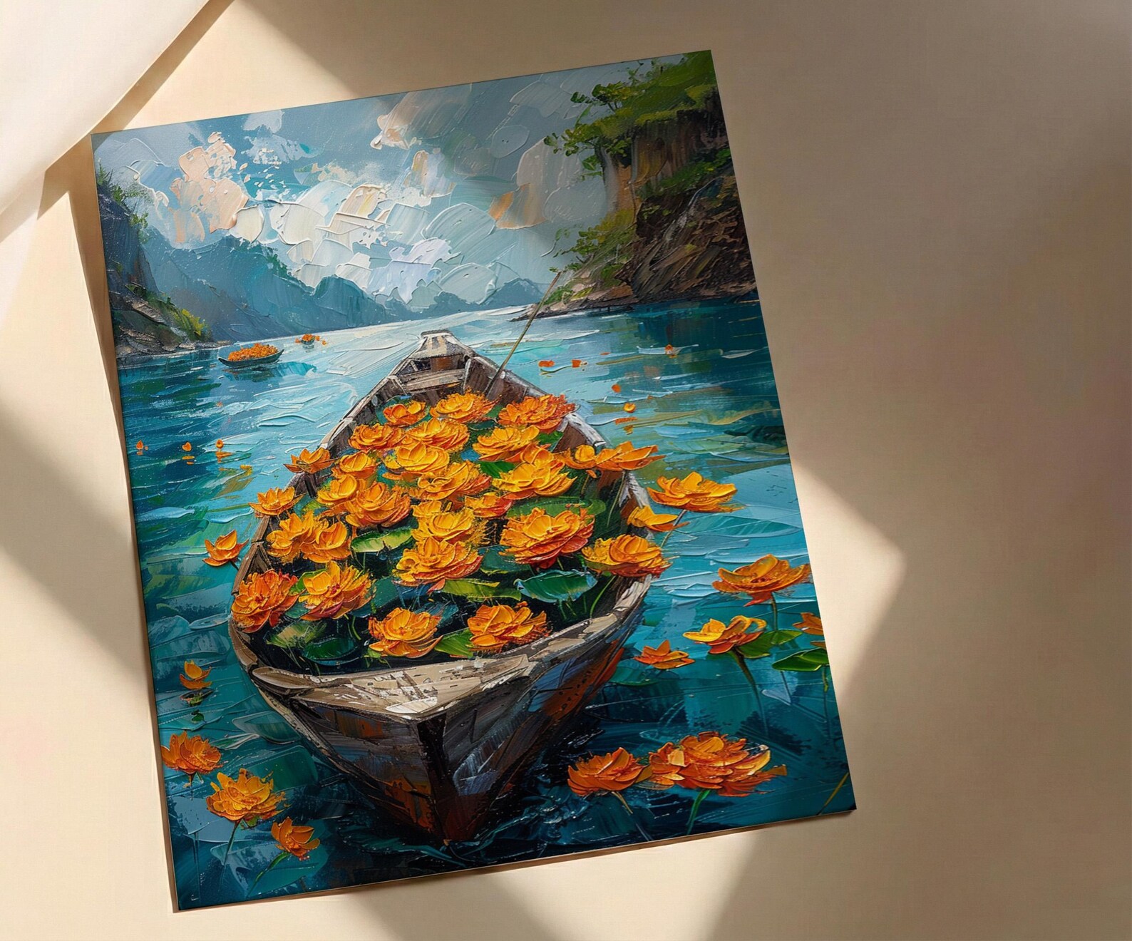 Laos Tropical River Wall Art, Floral Boat Spring Print - Palette Knife Painting Style — view 2