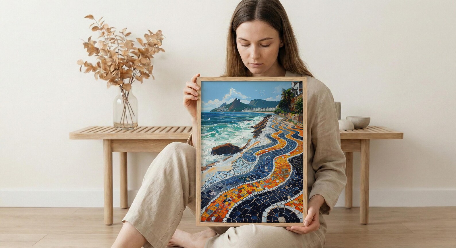 Copacabana Mosaic Walkway Wall Art, Rio Beach City Decor - Bright Blue Ocean Scene — view 6