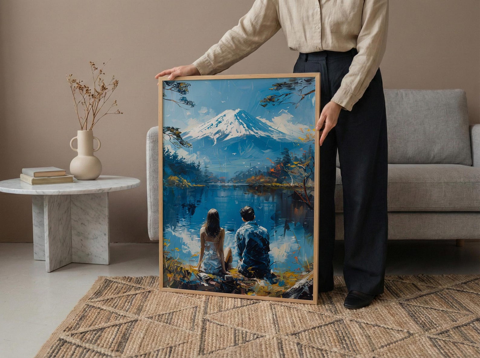 Mount Fuji Poster, Japan Lake Art Print, Serene Nature Wall Art, Peaceful Couple Painting, Zen Asian Decor — view 6