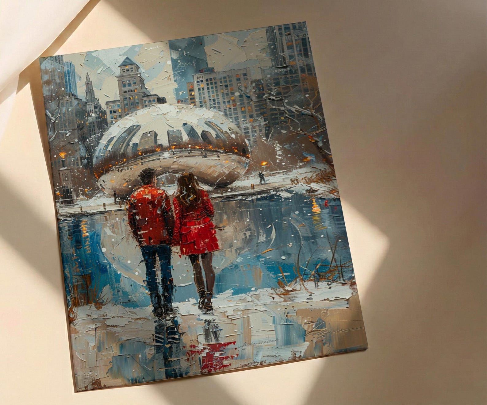 Chicago Wall Art, Cloud Gate Bean Print, City Skyline Painting, Urban Couple Decor, Romantic Cityscape Art — view 2