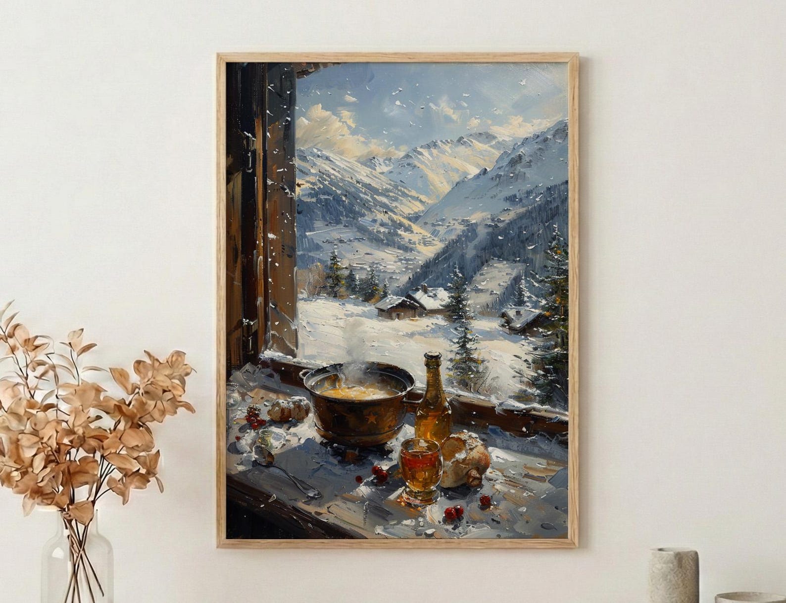Switzerland Window Art Print, Alps Mountain Decor - Cheese Fondue Landscape