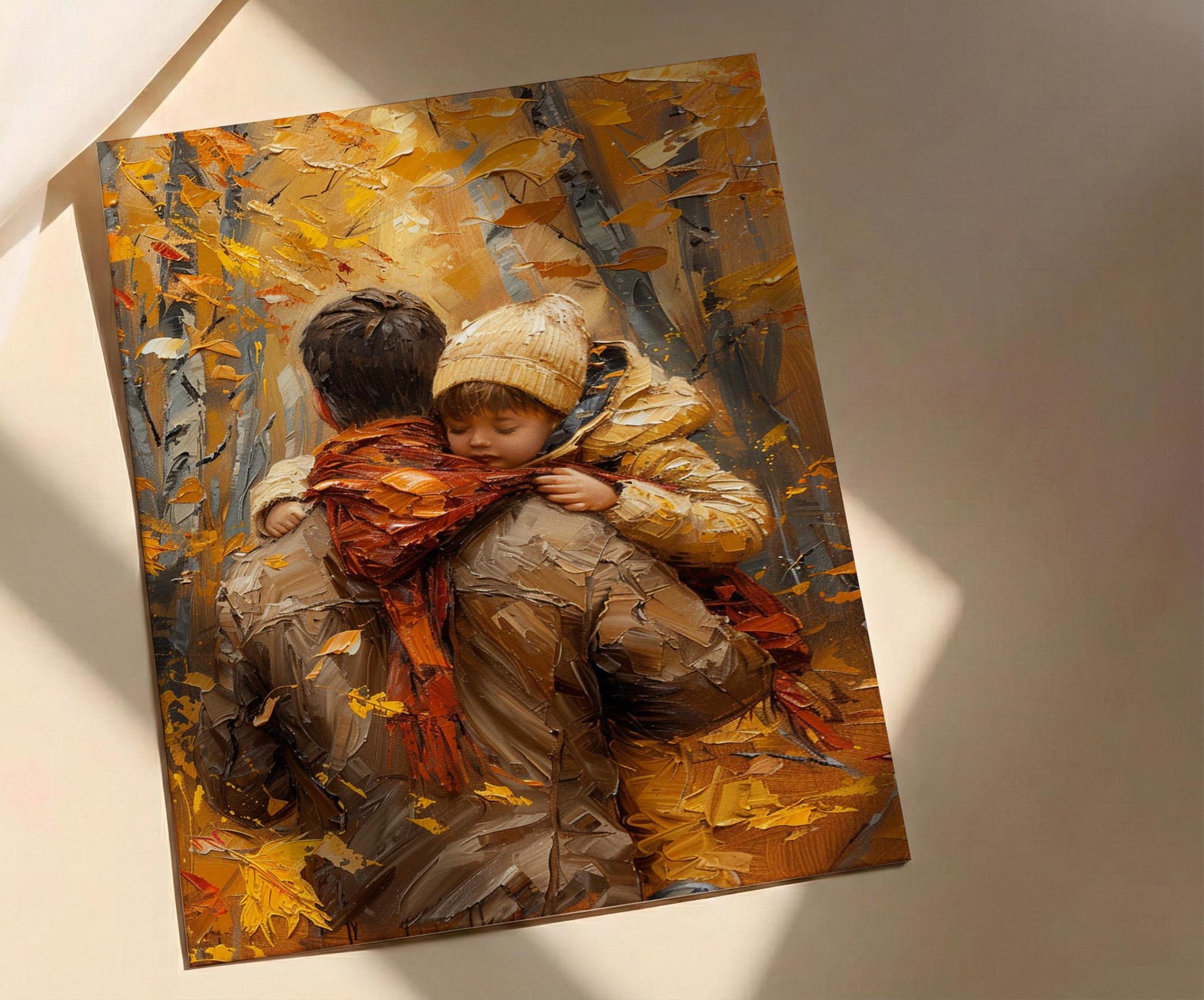 Father Carrying Child Poster, Autumn Park Decor - Peaceful Family Art — view 3