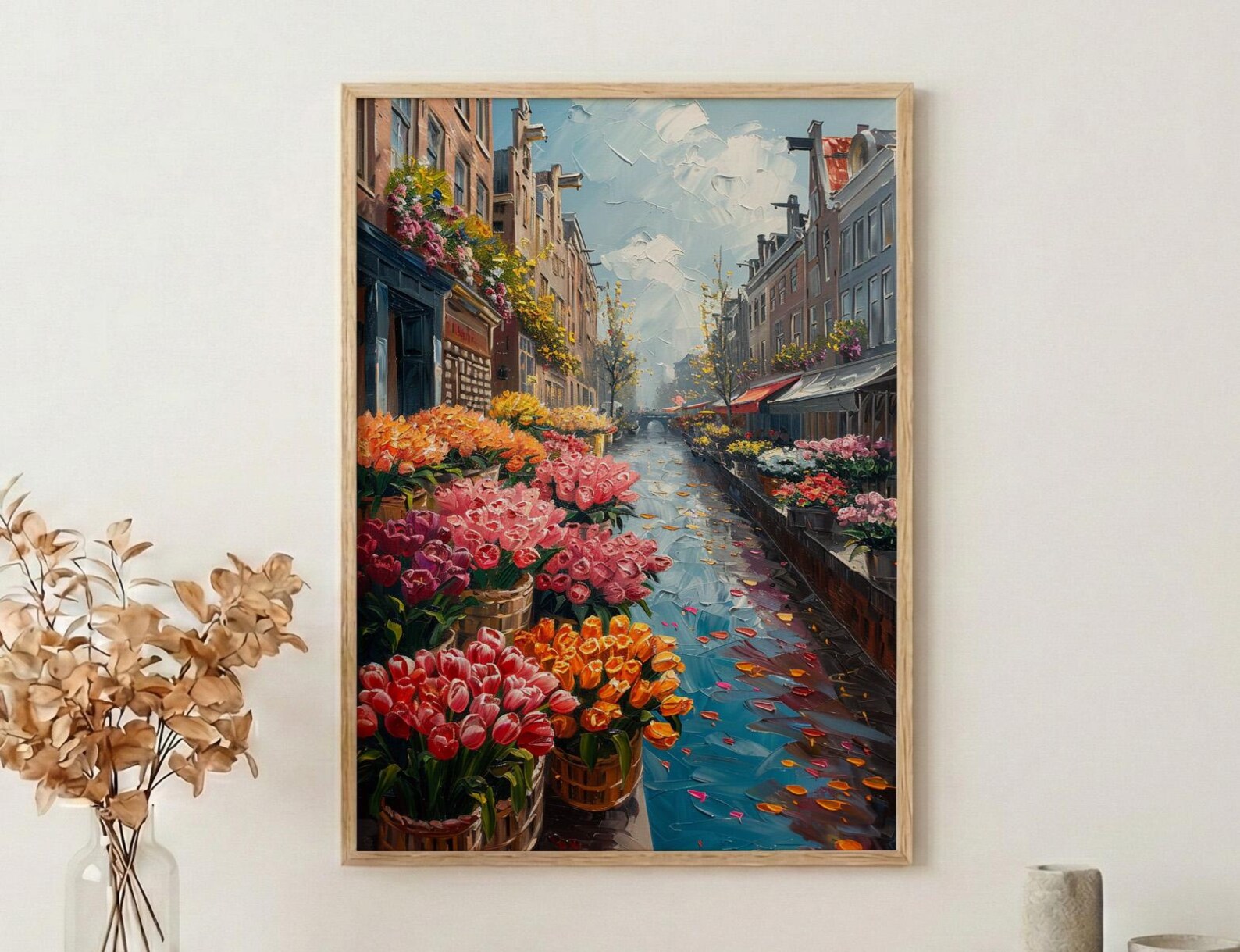 Amsterdam Flower Market Poster, Bloemenmarkt Tulip Home Decor - Vibrant Canal Floating Bulb Summer Artwork