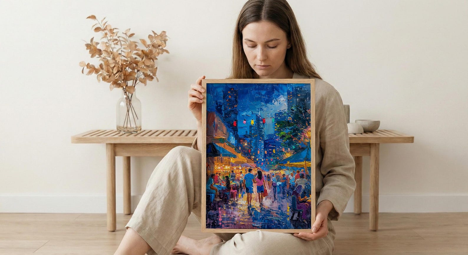 Brisbane Night Market Art Print, Fairy Light Home Decor - Summer City Evening Town Beauty — view 6