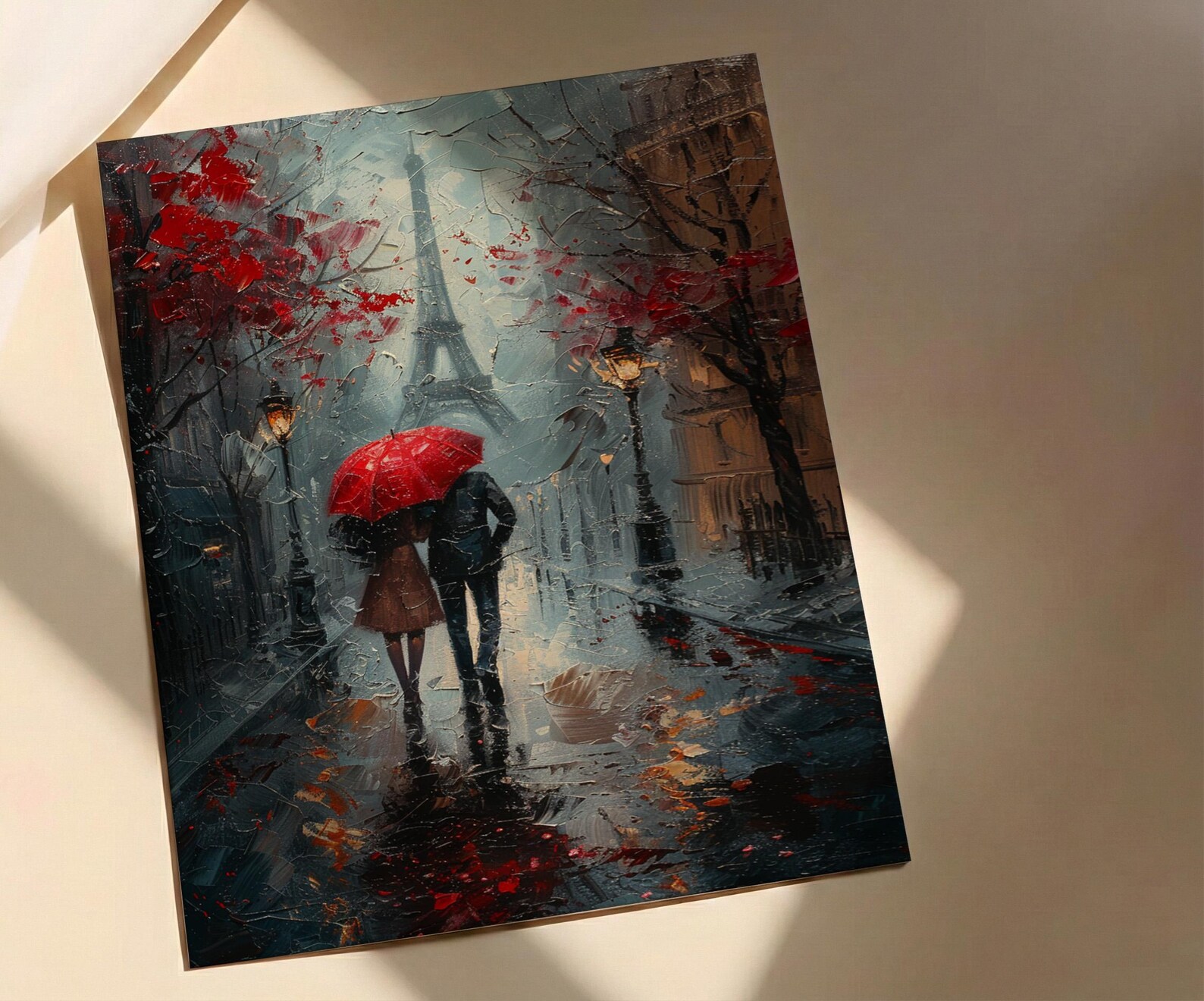 Paris Wall Art, Eiffel Tower Print, Romantic Couple Gift, Impasto Oil Painting, Rainy Paris Street, Wedding Gift, Red Umbrella — view 4