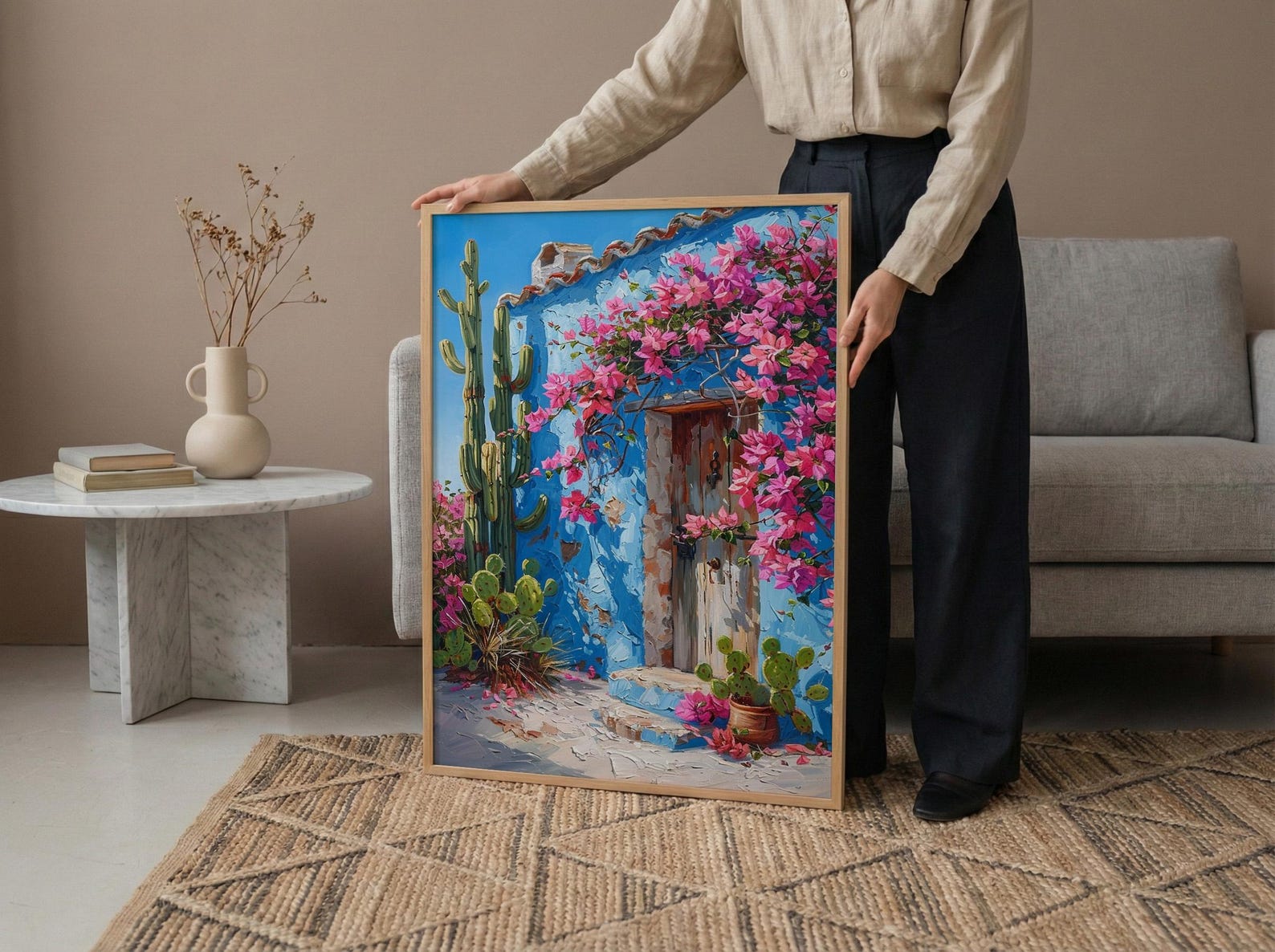 Mexico Wall Art, Blue House Print, Cobalt Blue Decor, Impasto Oil Painting, Cactus Garden, Latin Home Decor, Travel Gift — view 6