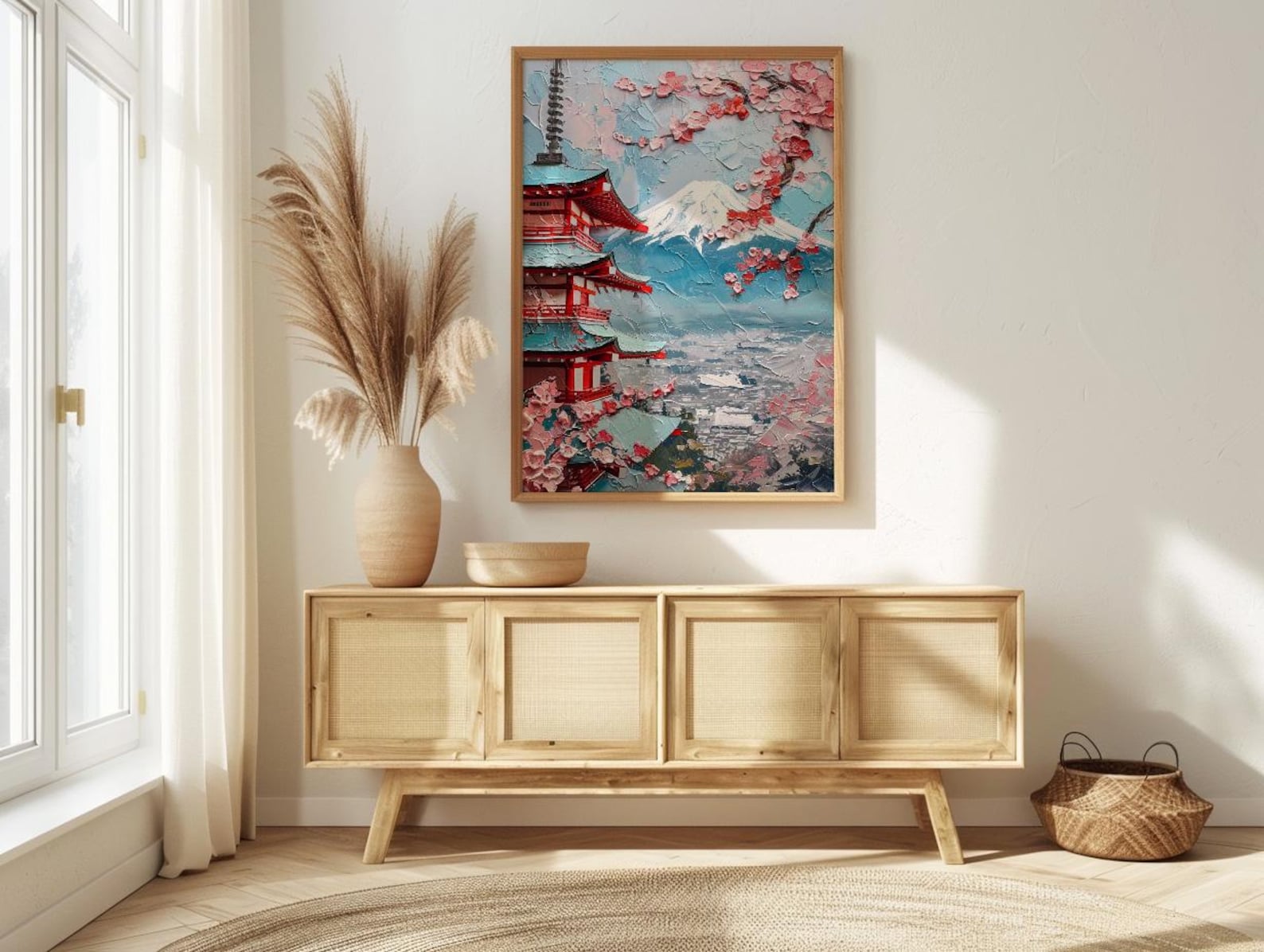 Japanese Chureito Pagoda Oil Painting Poster, Mount Fuji Sunset Art Print, Sakura & Pagoda Wall Art, Japan Travel Decor, Impasto Landscape — view 2