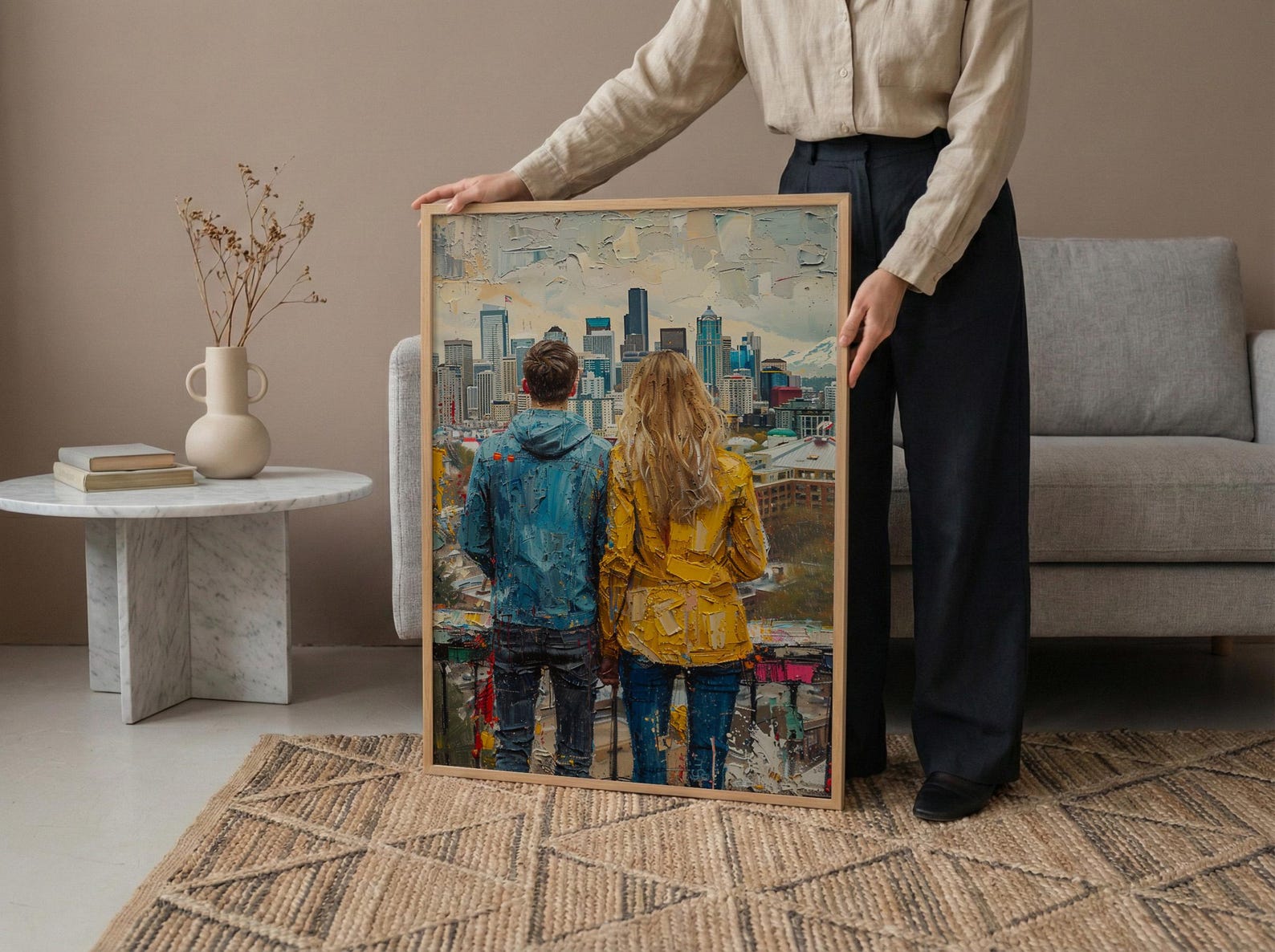 Seattle Wall Art, Space Needle Couple Print, City Skyline Painting, Cloudy Day Decor, Urban Travel Gift — view 5