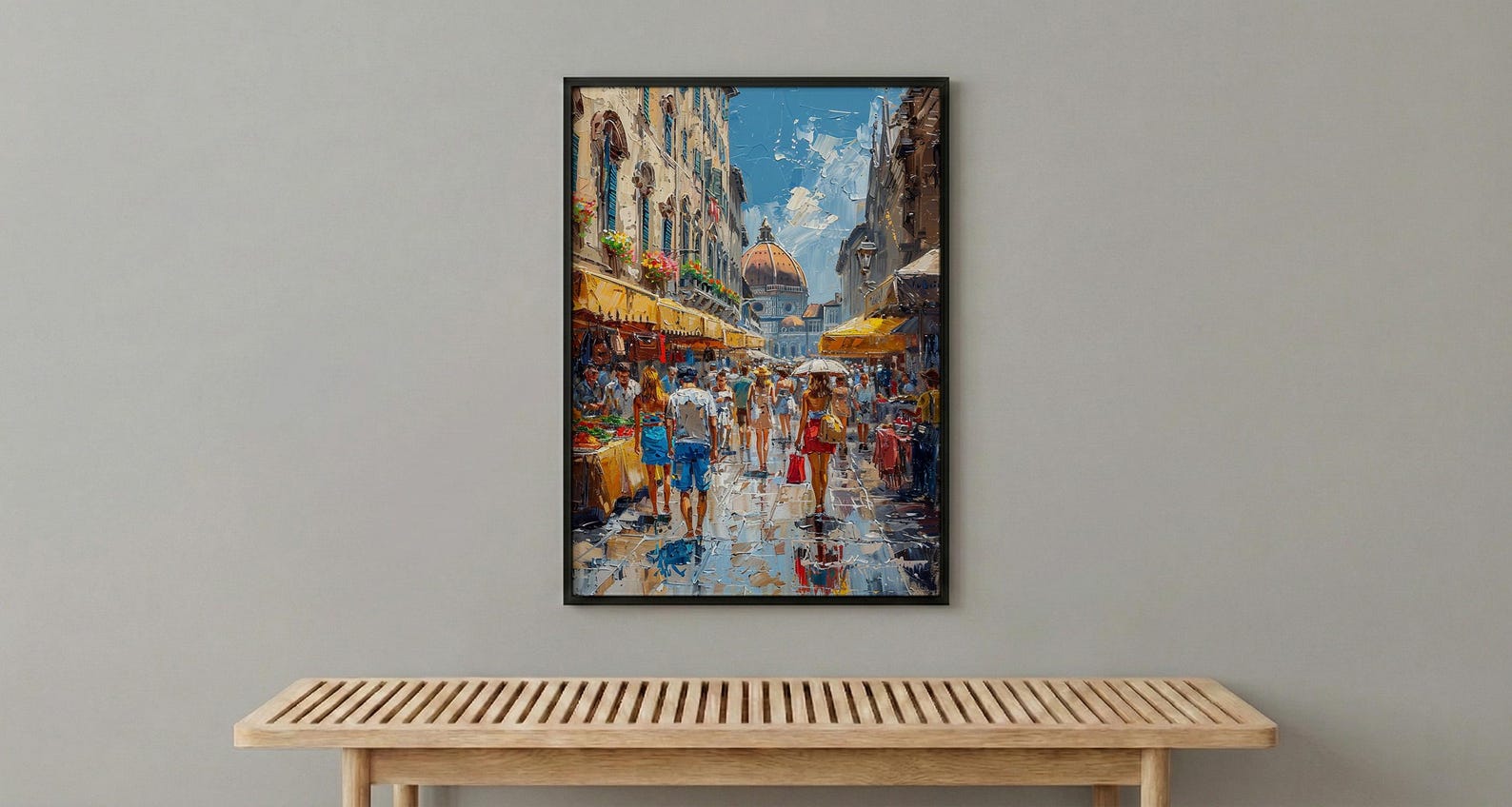 Florence Market City Poster, Italy Leather Home Decor - Vibrant Red Brown Bag Summer Landscape — view 6