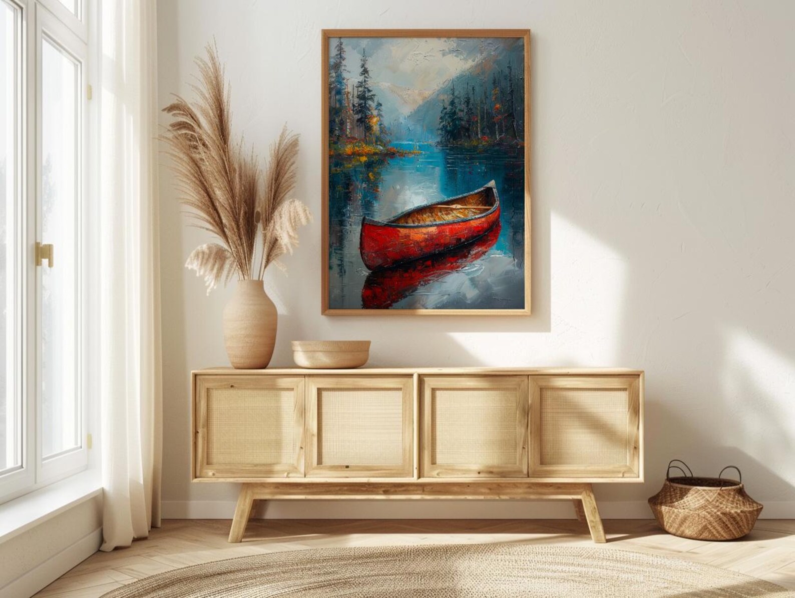 Red Canoe Lake Art Print, Calm Canadian Nature Decor - Mirror Water Summer Pine — view 4