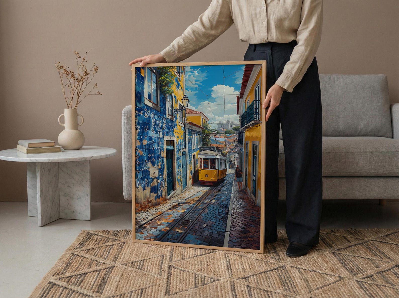 Lisbon Wall Art, Yellow Tram 28 Print, Portugal Decor, Impasto Oil Painting, Azulejo Tile, Cityscape Art, Cheerful Gift — view 5
