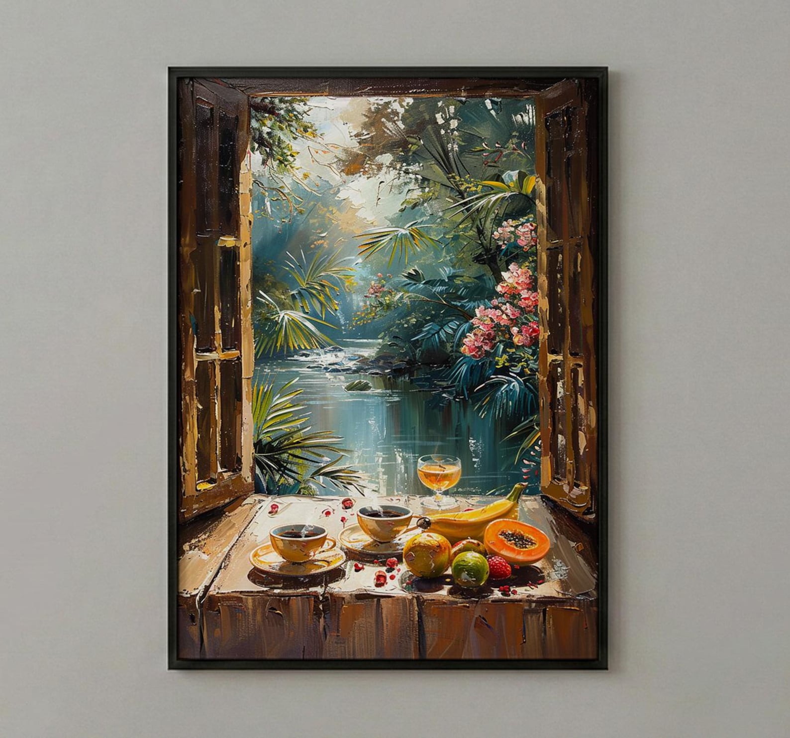 Amazon Rainforest Wall Art, Tropical River Art Print, Coffee Window Poster, Lush Green Painting, Nature Room Decor